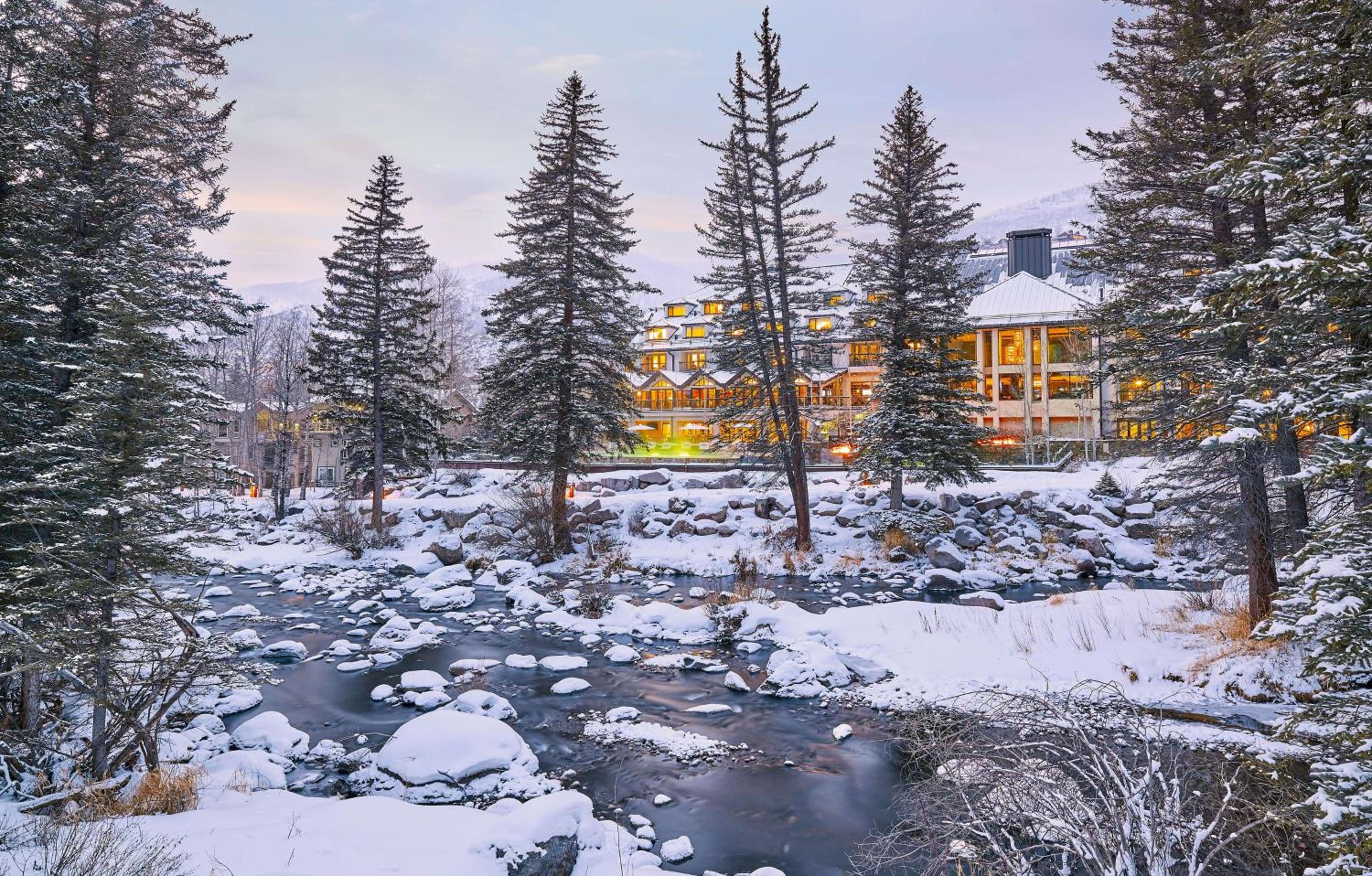 Exterioer of the Grand Hyatt Vail views across the snow covered river