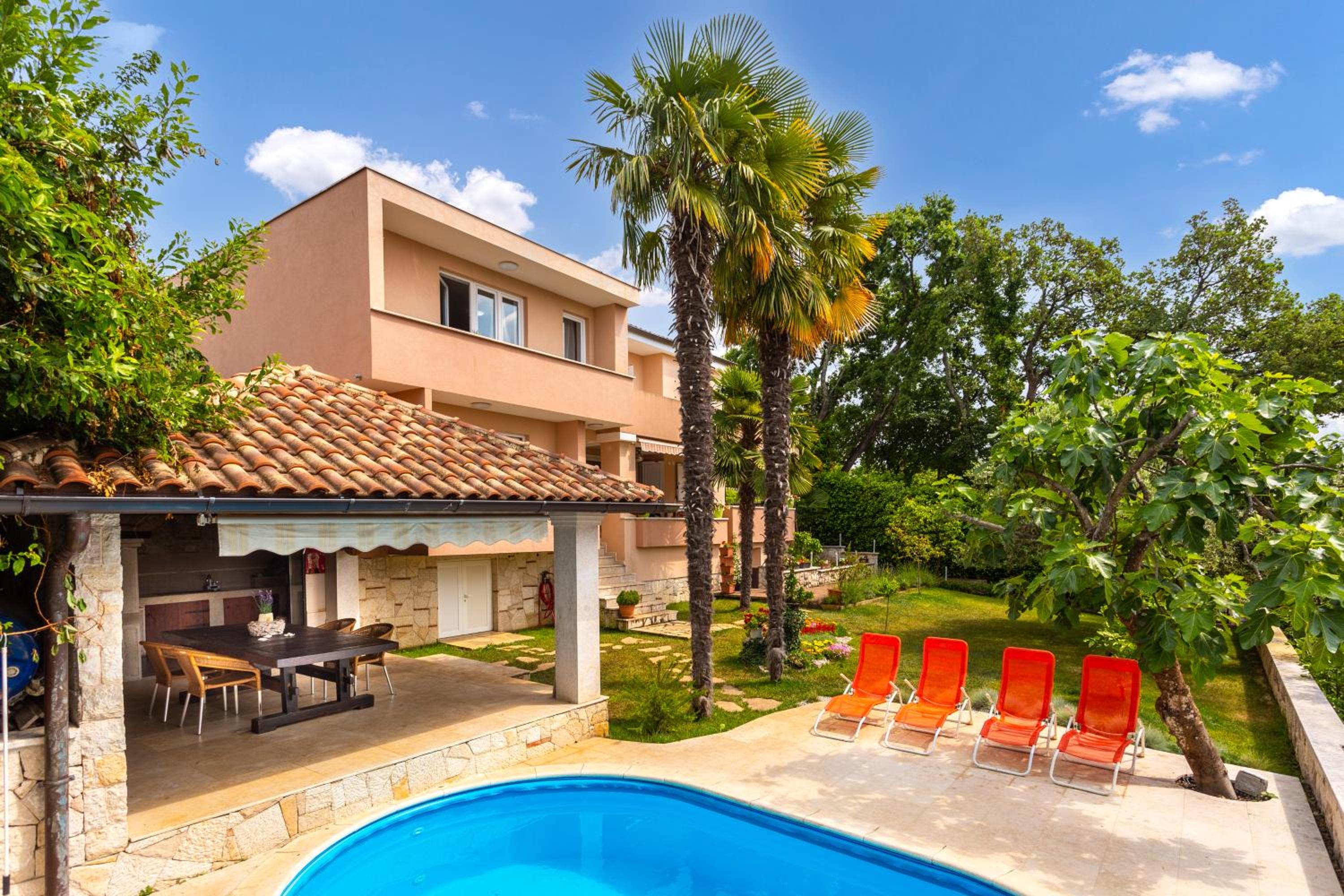 Mediterranean terrace with bbq, swimming pool and sea view
