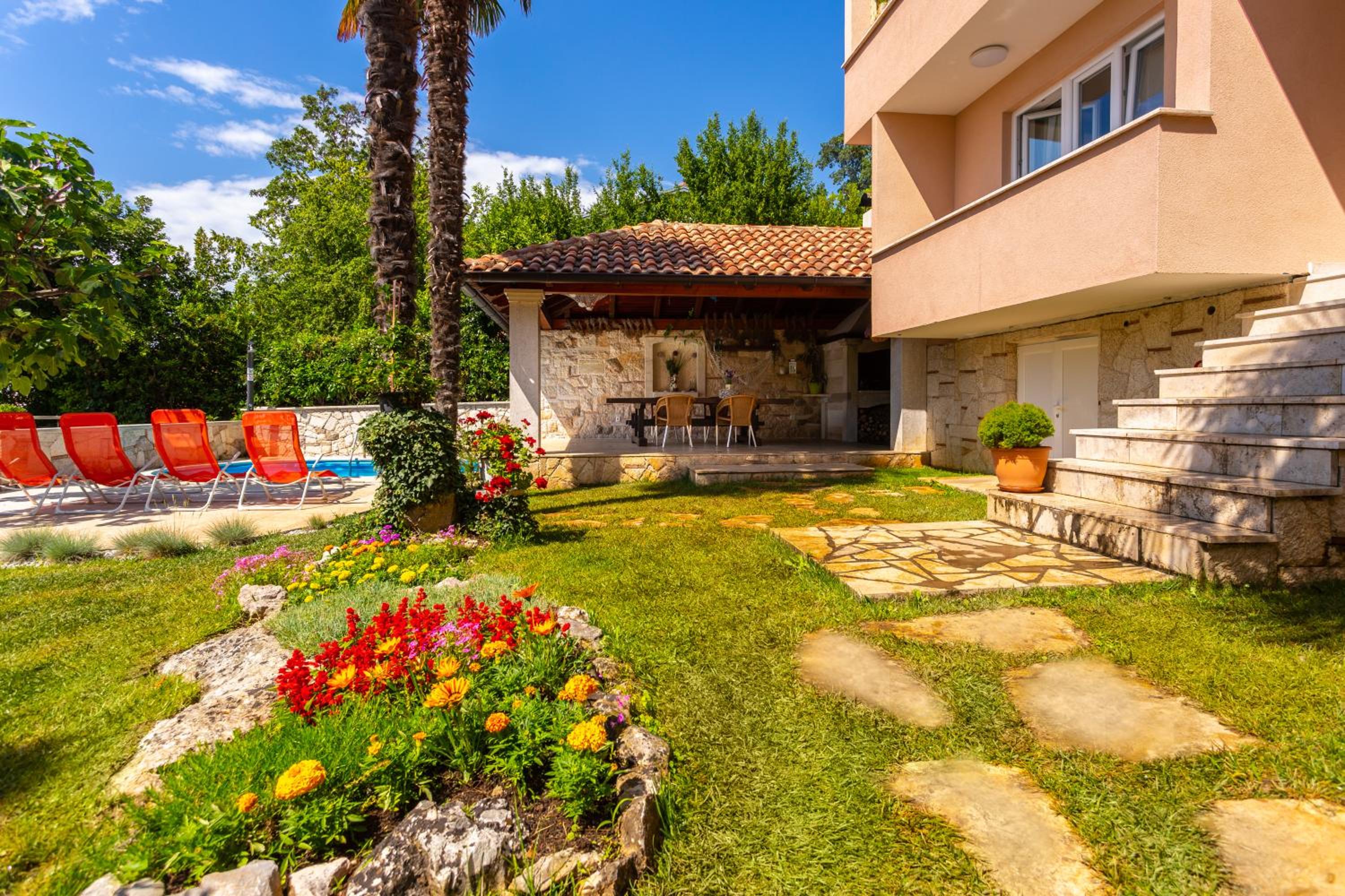 Mediterranean terrace with bbq, swimming pool and sea view