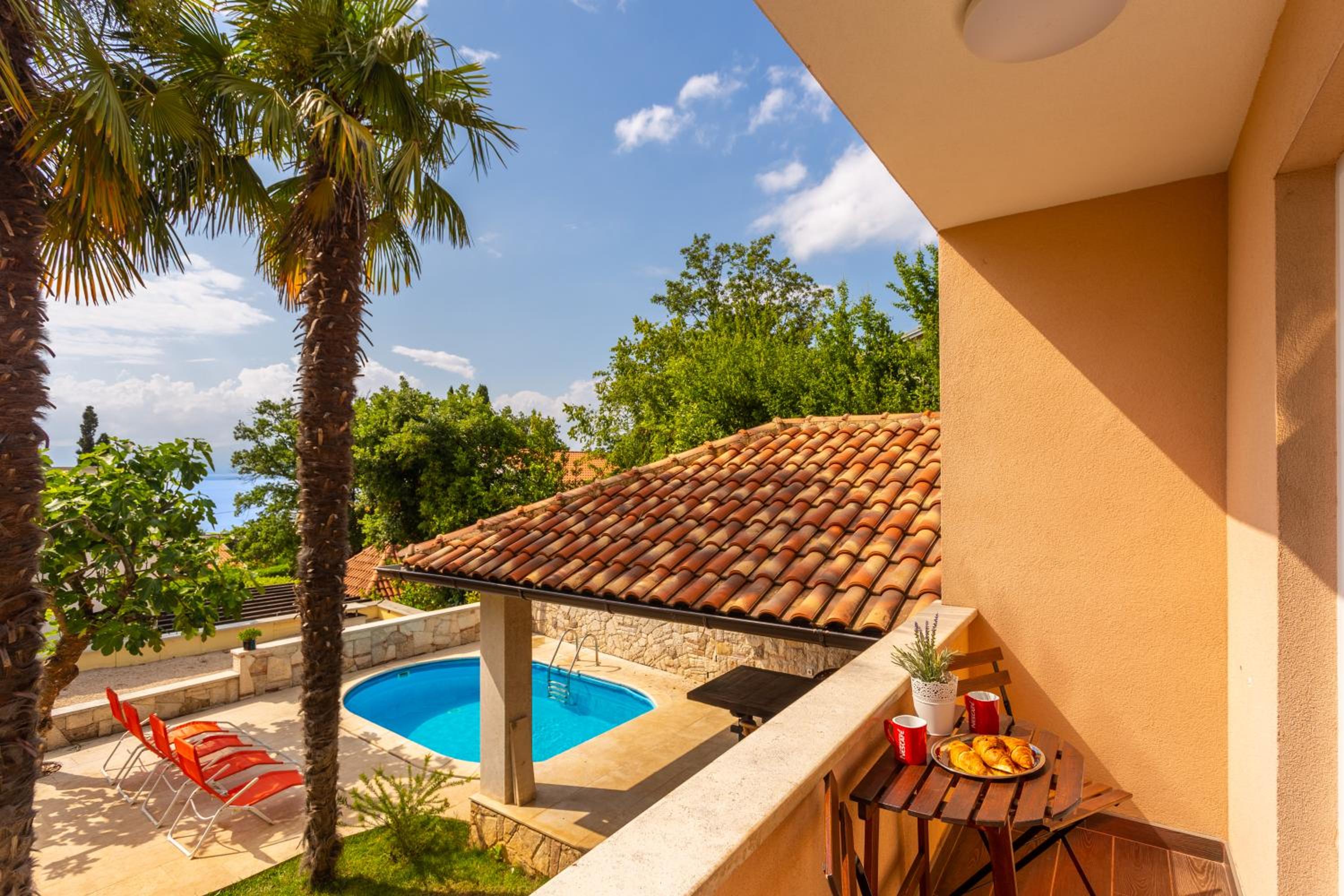 Mediterranean terrace with bbq, swimming pool and sea view