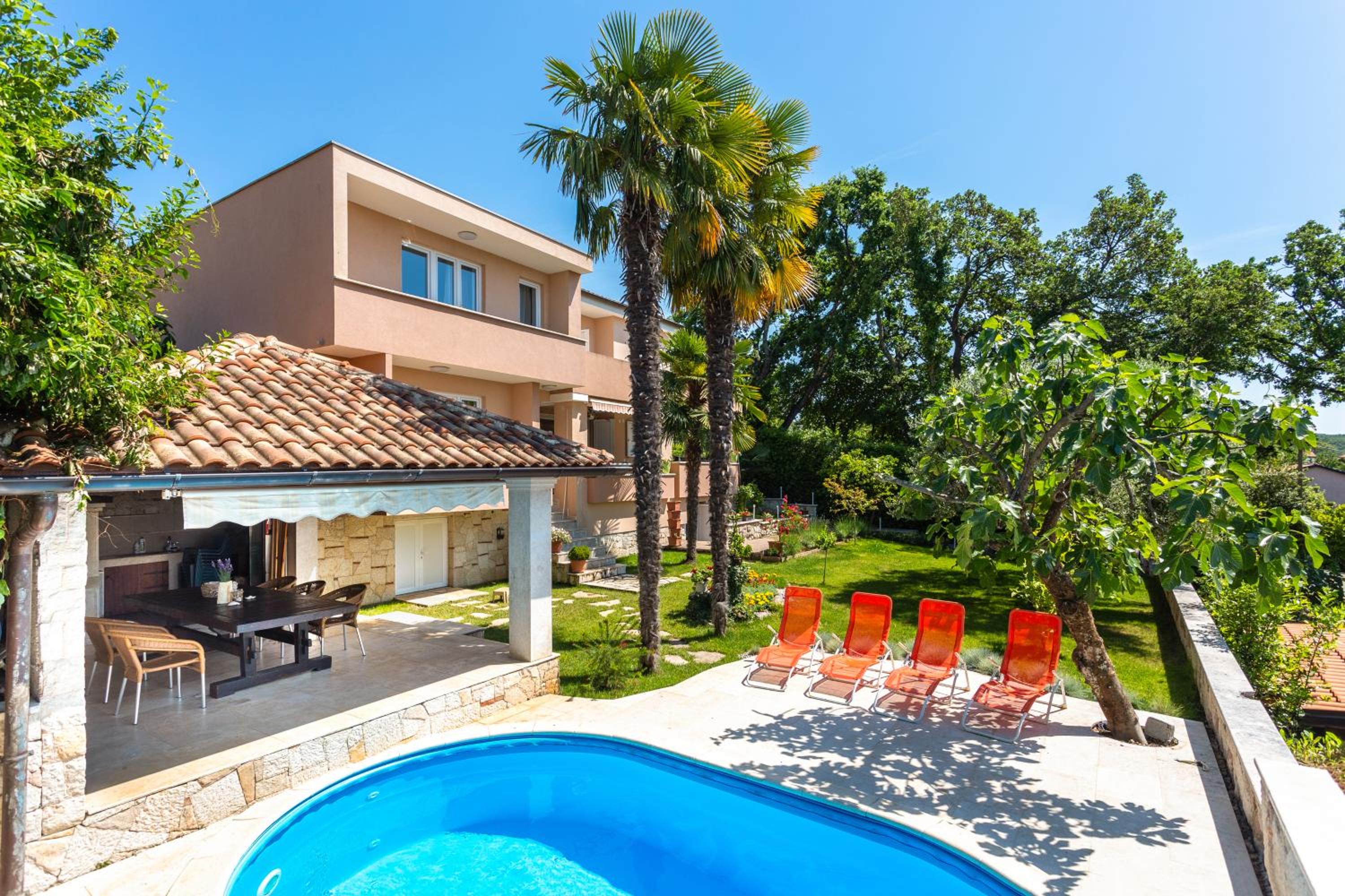 Mediterranean terrace with bbq, swimming pool and sea view
