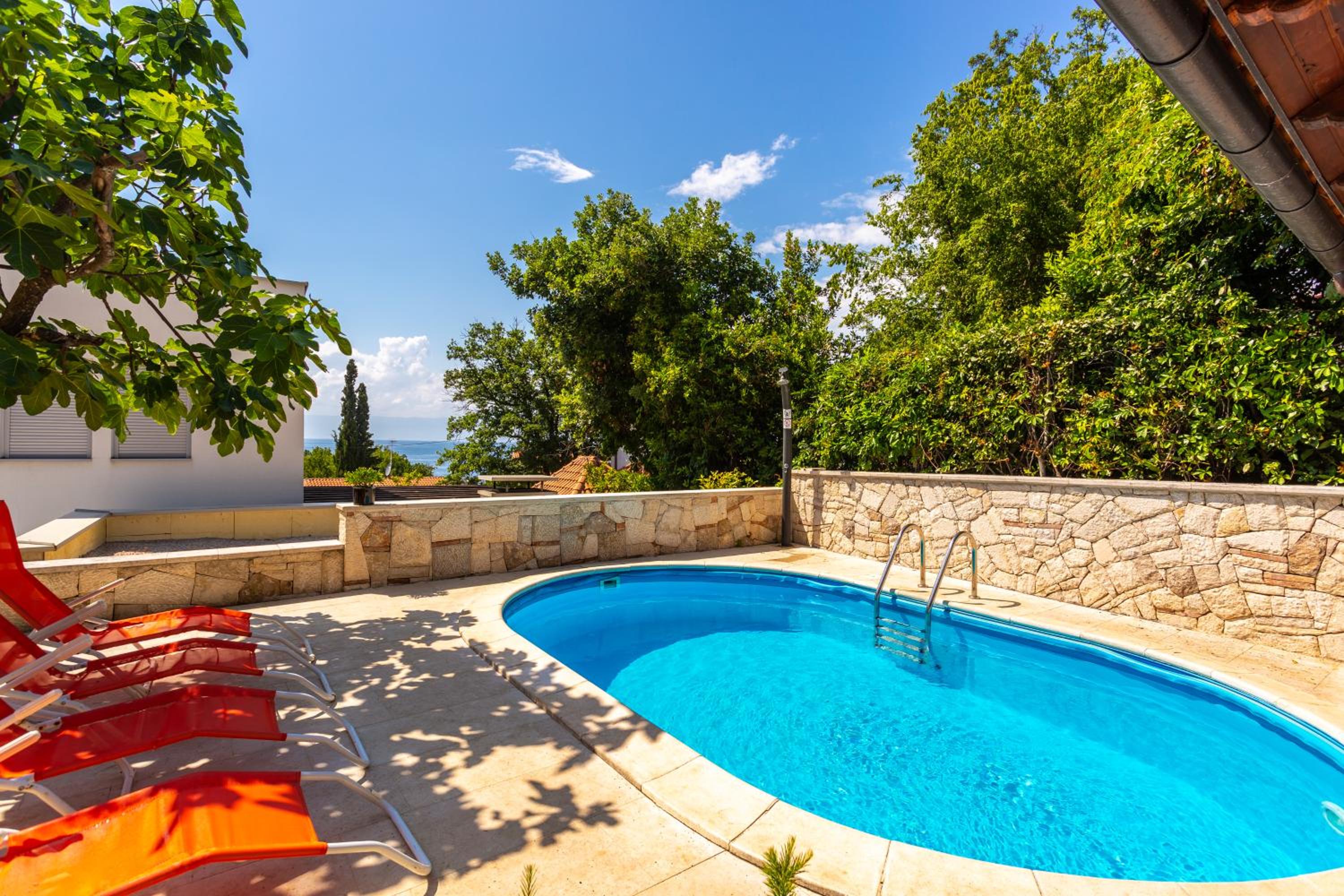 Mediterranean terrace with bbq, swimming pool and sea view