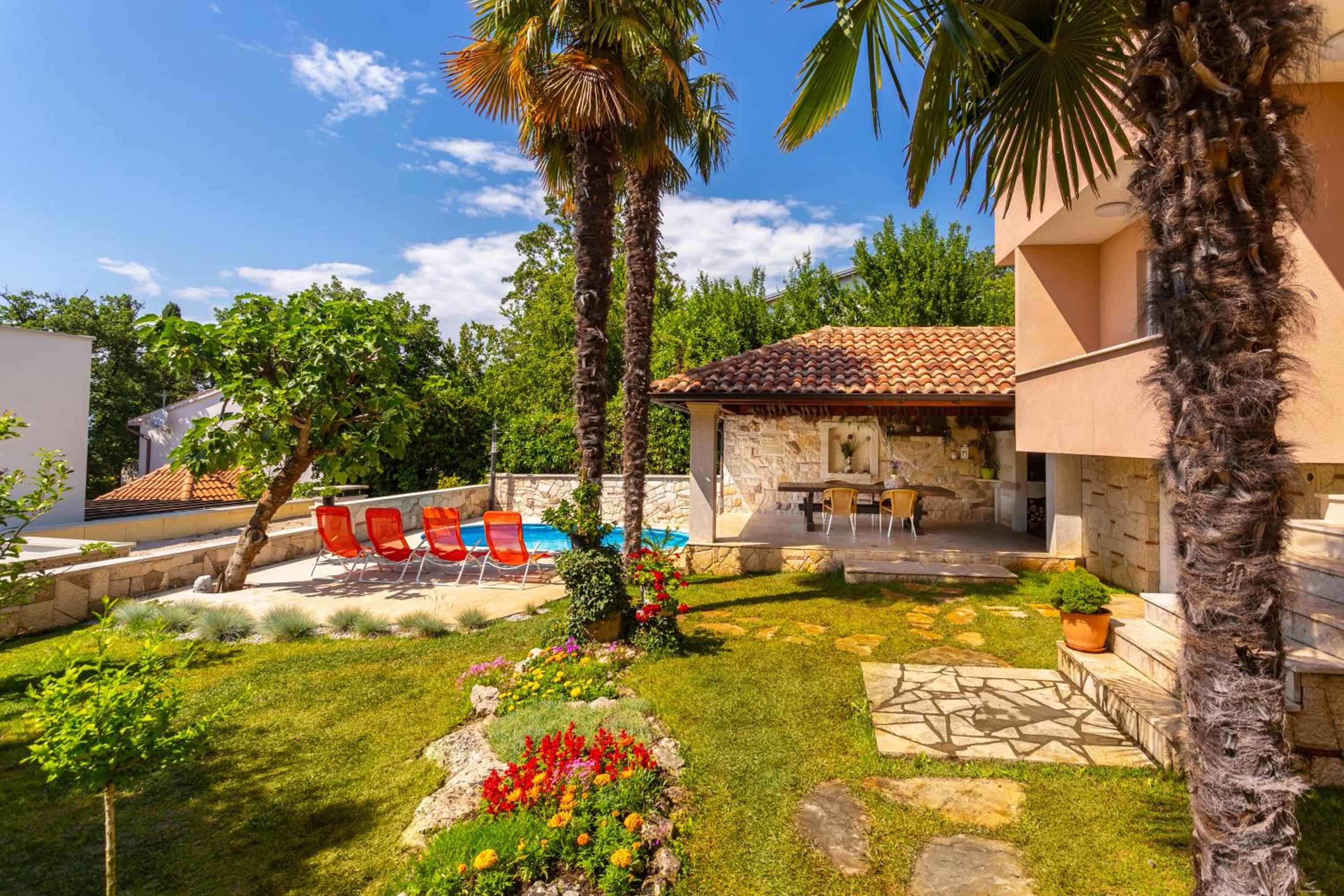 Mediterranean terrace with bbq, swimming pool and sea view