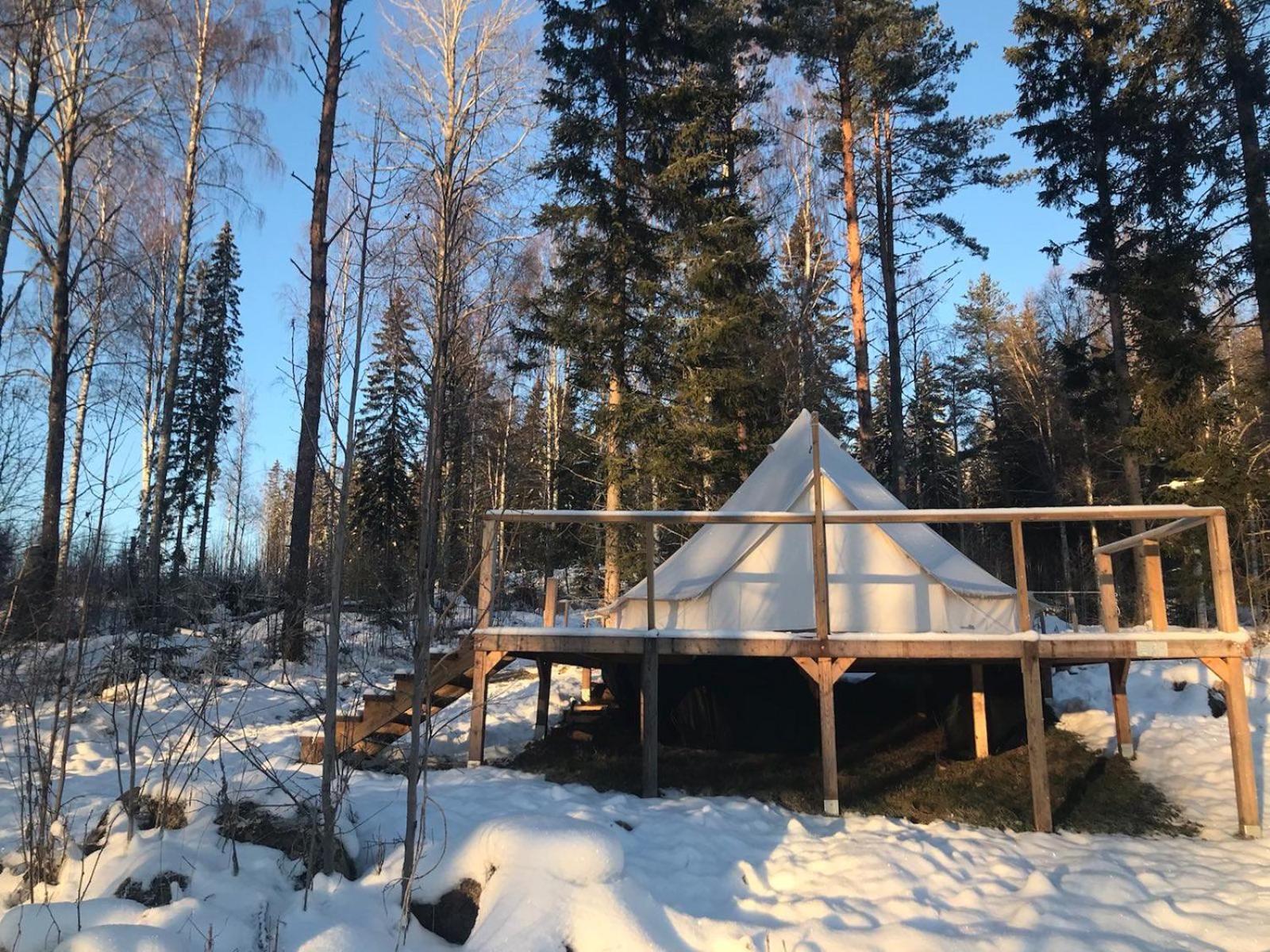 Glamping tent in a forest, lake view view 3