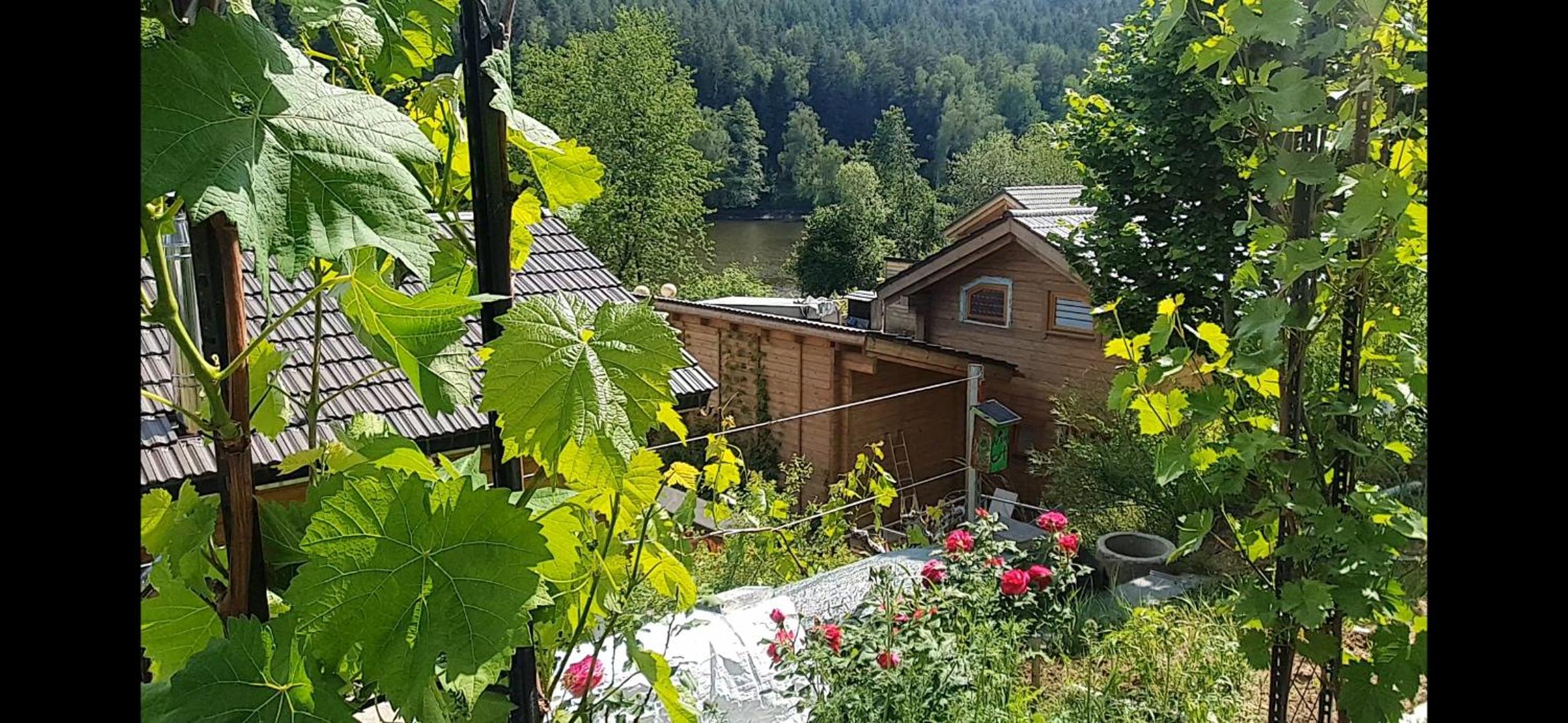 Holzhaus am See mit Panoramablick
