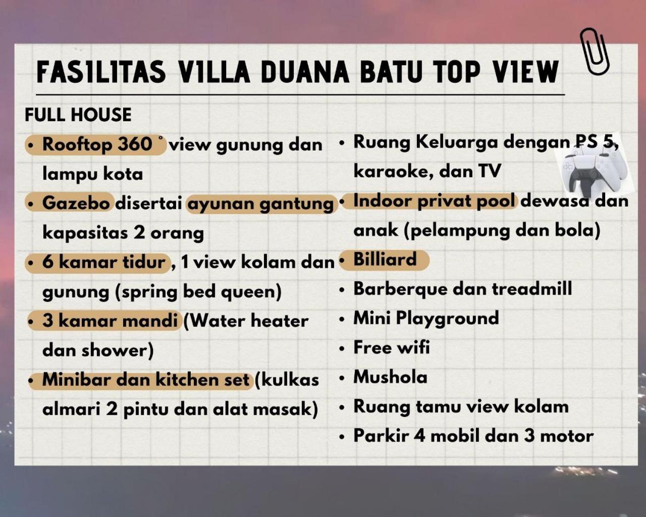 VILLA DUANA BATU TOP VIEW with indoor privat pool, PS 5, billiard, and rooftop 360 mountain view