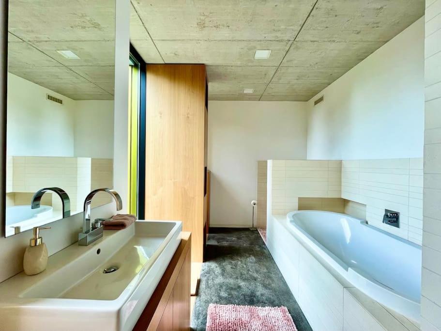 Luxus Design Ferienhaus Villa EMG Bensheim nah Frankfurt, Heidelberg mit Sauna, Schwimmteich, Garten für Familien und Gruppen bis 17 Personen