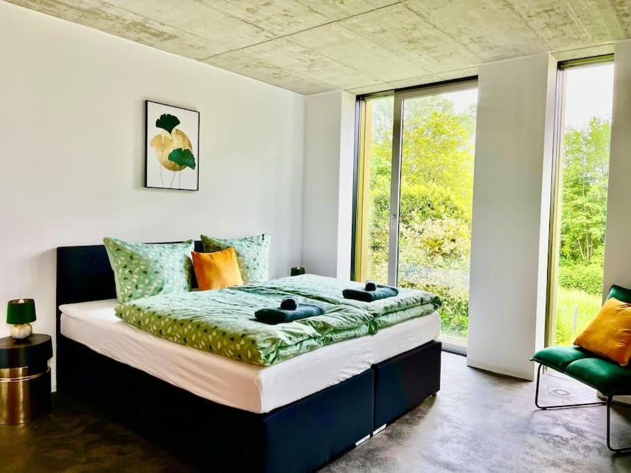 Luxus Design Ferienhaus Villa EMG Bensheim nah Frankfurt, Heidelberg mit Sauna, Schwimmteich, Garten für Familien und Gruppen bis 17 Personen
