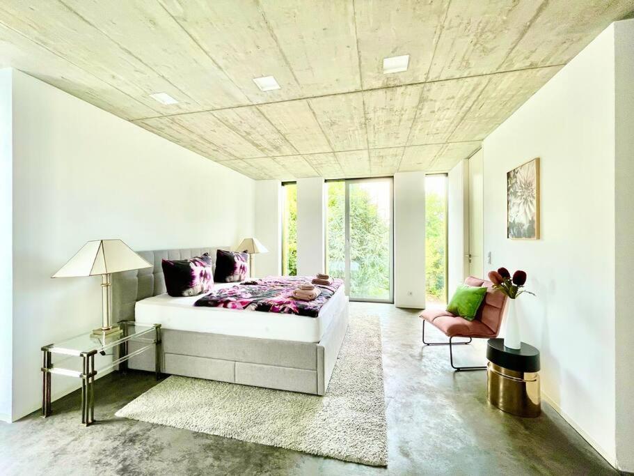 Luxus Design Ferienhaus Villa EMG Bensheim nah Frankfurt, Heidelberg mit Sauna, Schwimmteich, Garten für Familien und Gruppen bis 17 Personen