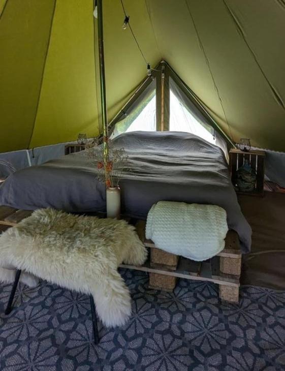 Campingspots to put on your own tent with or without electricity, with no bed for 12 euro or 25 euro and 2 furnished glampingtents for minimum 75 euro in a