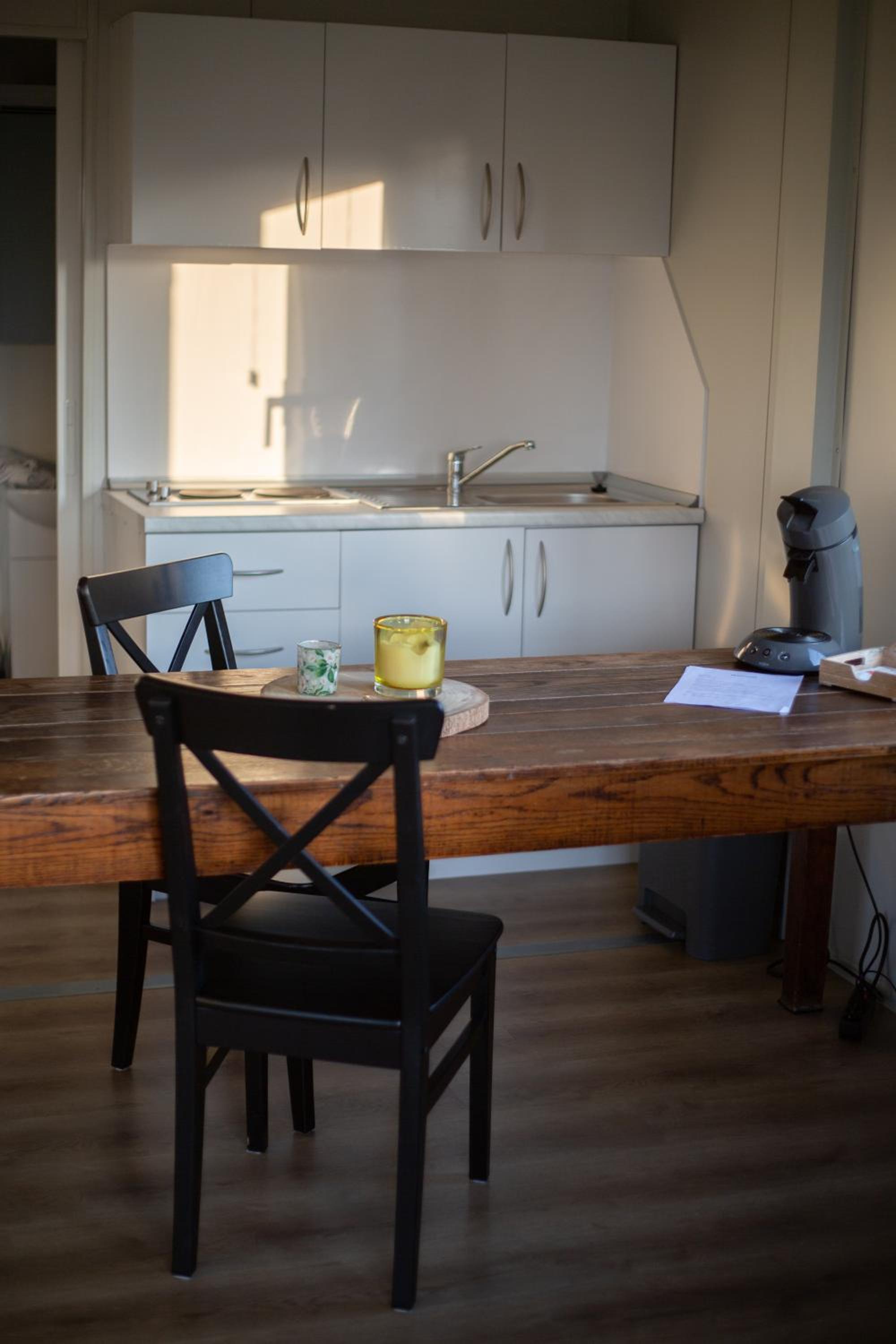Houten huisje tussen paarden