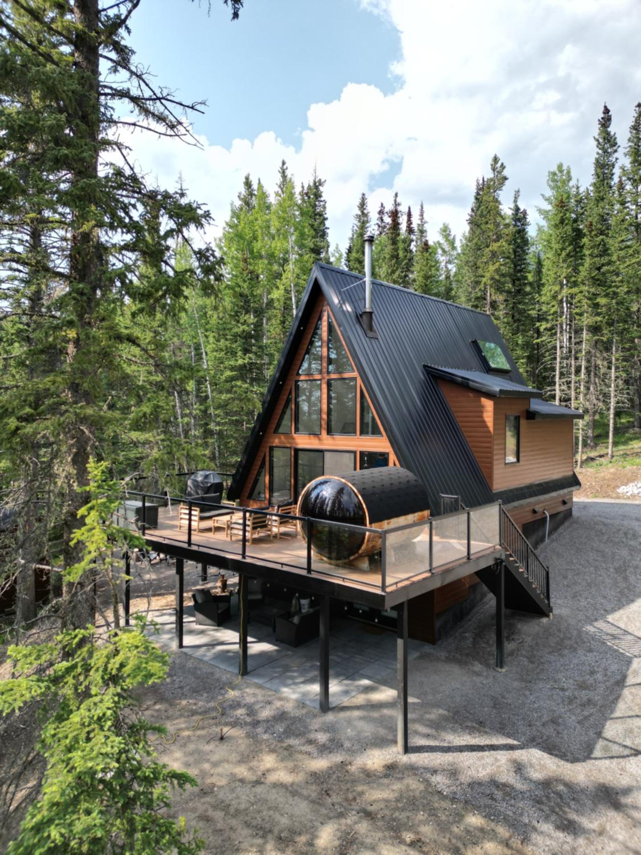 New Modern Rustic A-Frame Cabin with Barrel Sauna
