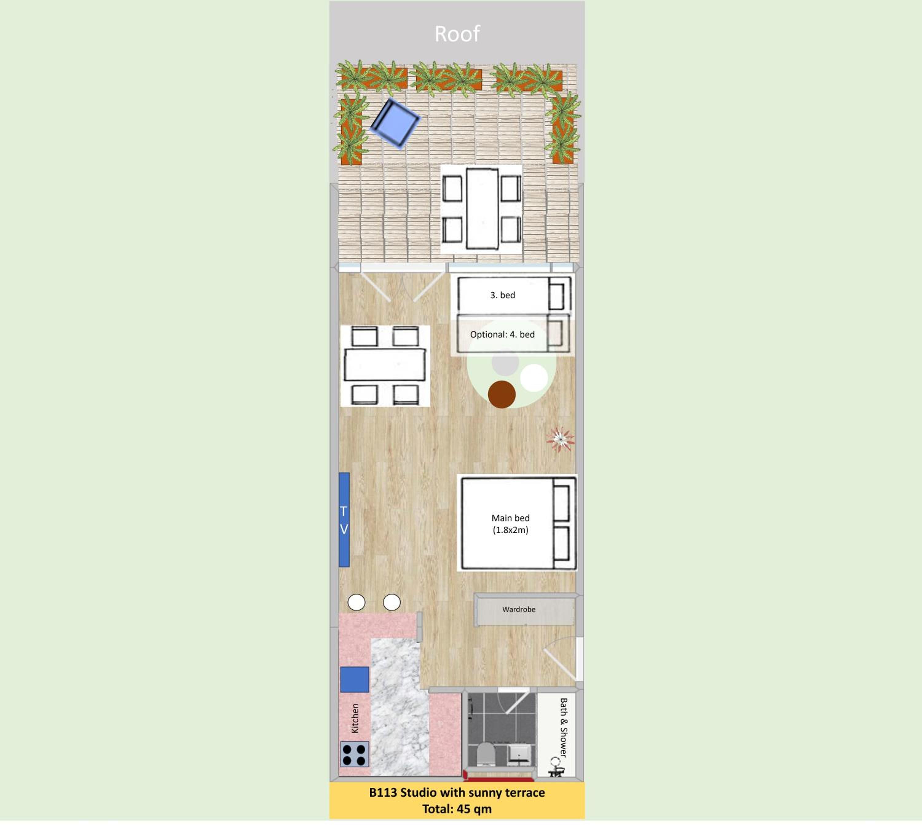 New Studio with Sunny Terrace & Air Condition