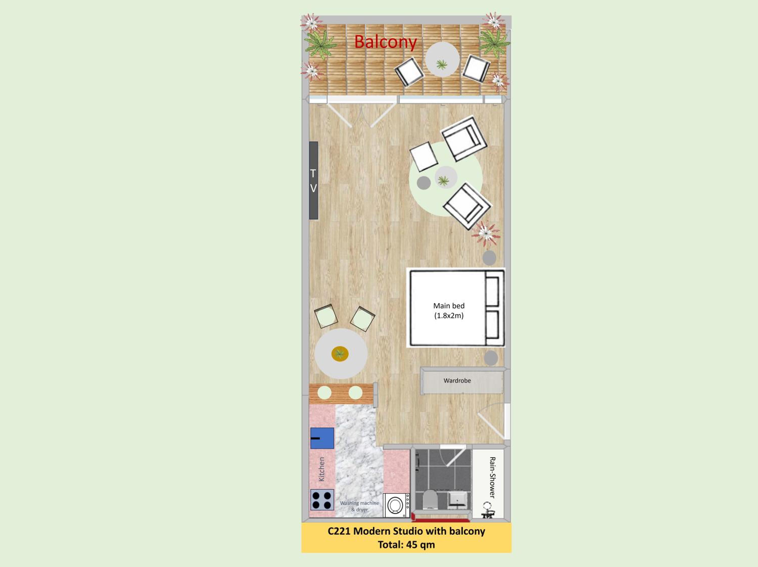 Modern City Studio with Air Condition & Balcony
