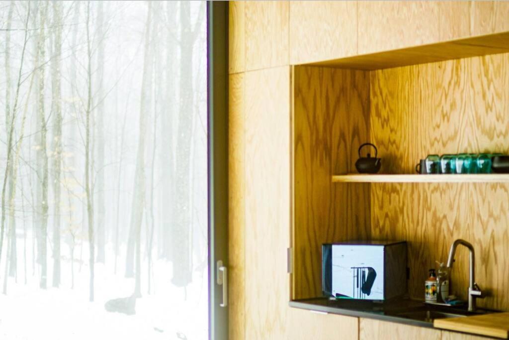 Glass cabin in the woods.