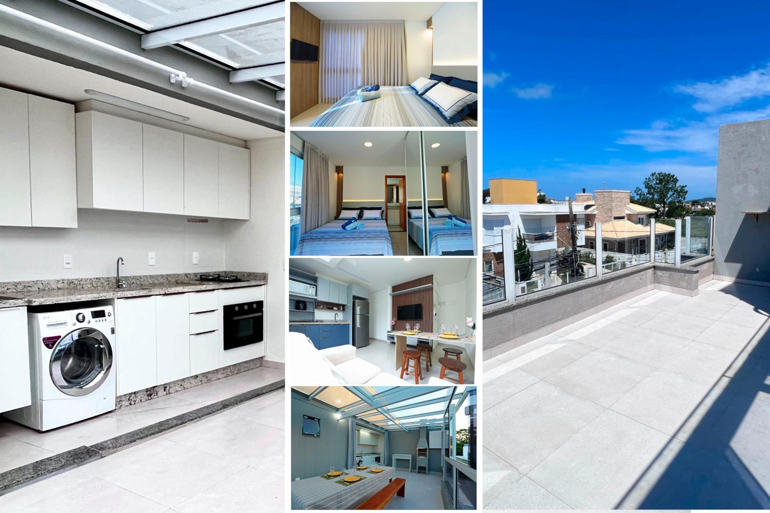 Cobertura Duplex no Campeche Florianópolis, 2 quartos com ar-condicionado, 3 banheiros, WiFi 1Gb, Cozinha completa, Estacionamento, Amplo terraço coberto c