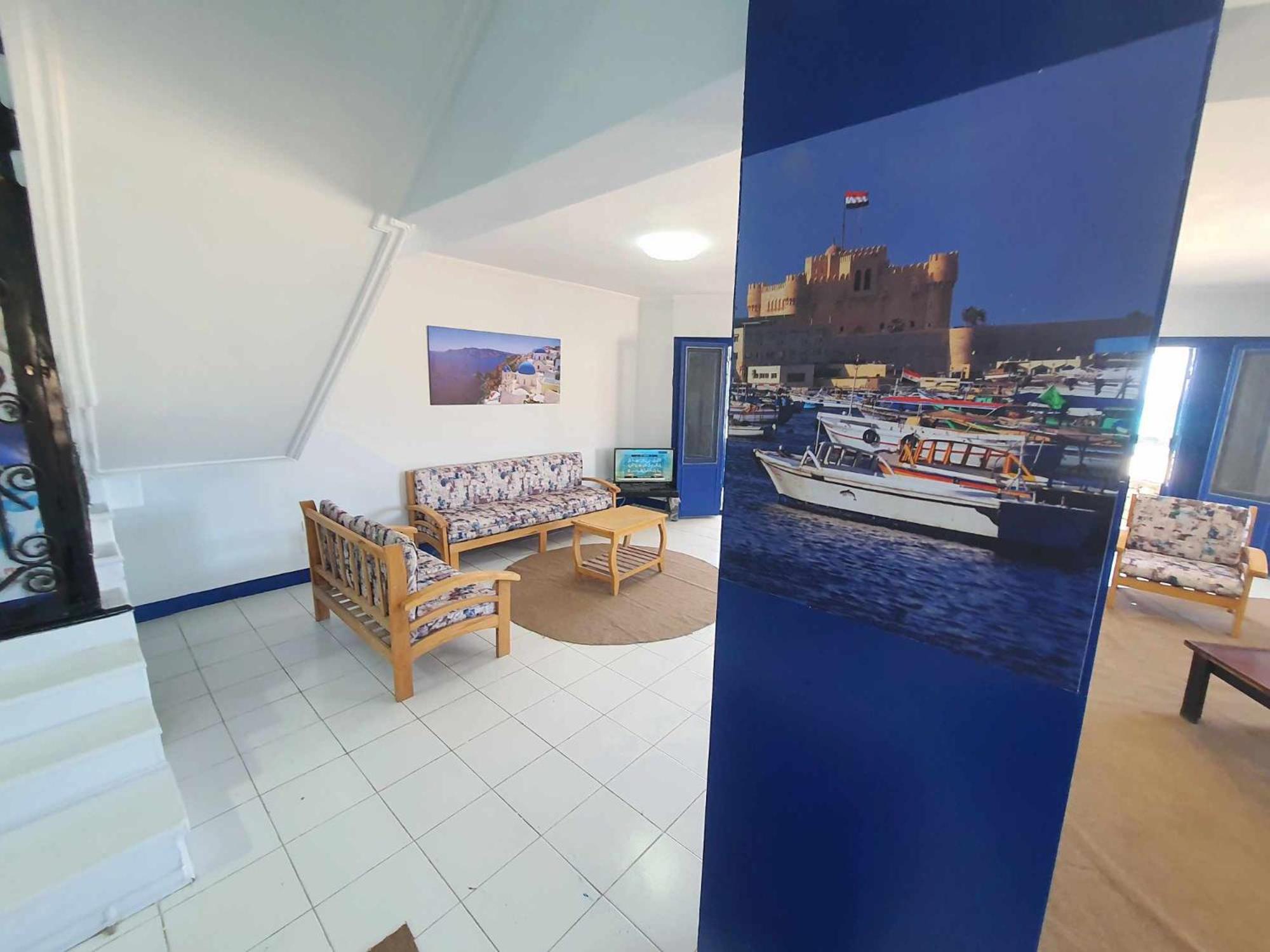 Hotel appartment sea view 3 bedrooms 3 toilets 3rd floor free wifi Bellevue village agami alexandria families are preferred available all year days view 2