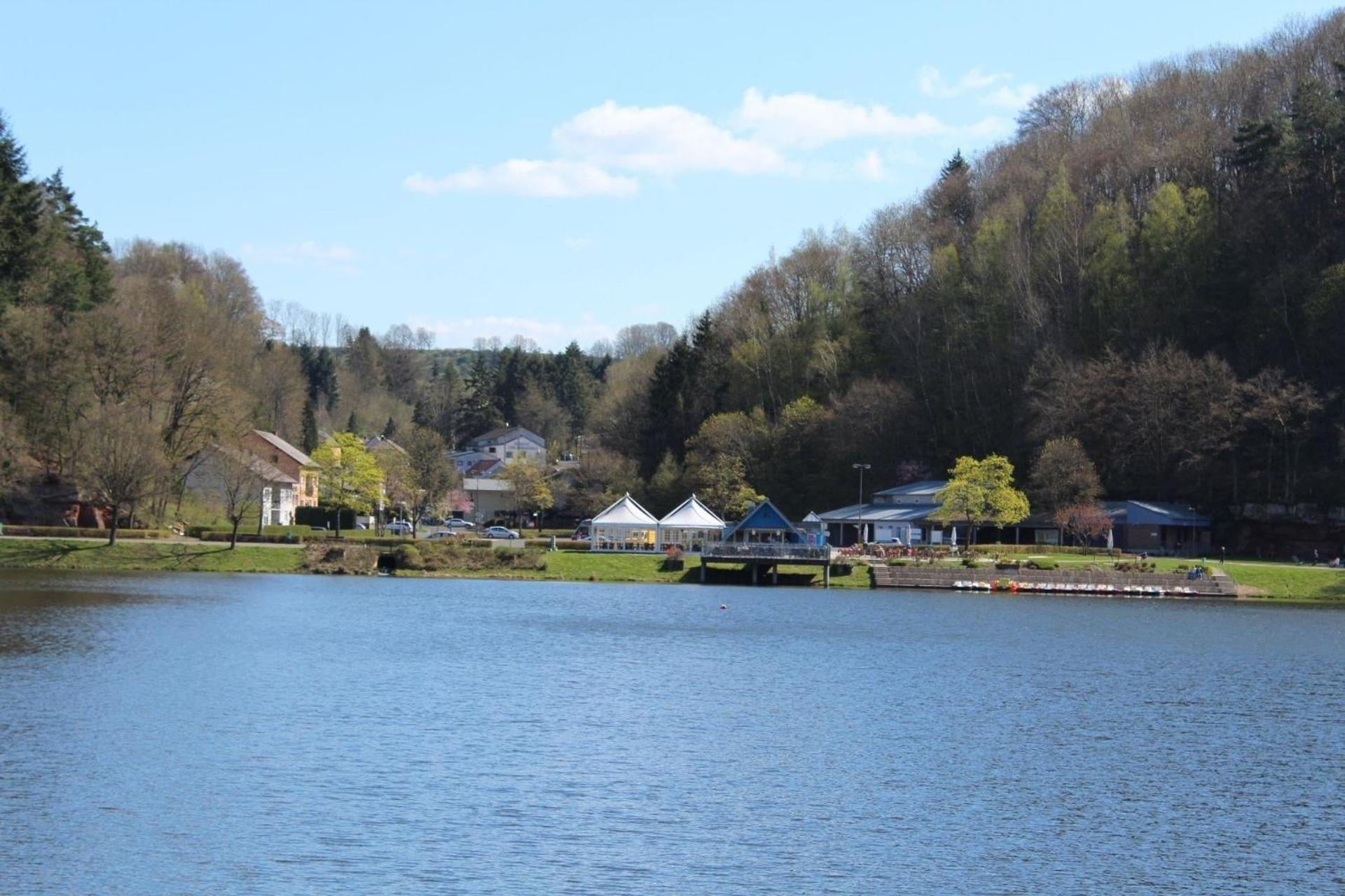 Schönes Ferienhaus mit Panoramablick auf den See und auf die bewaldeten Hügel am Stausee Bitburg