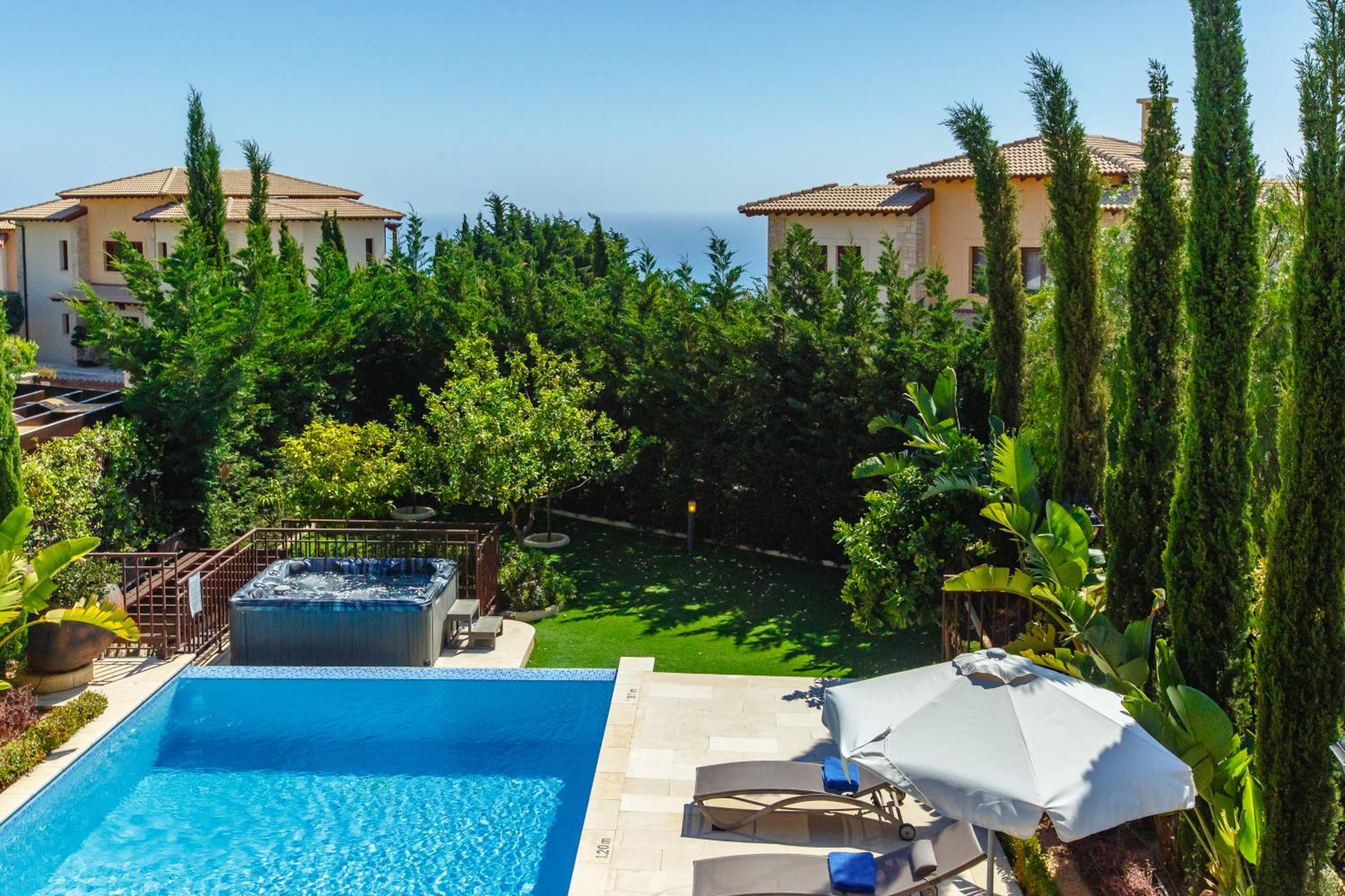 Luxury Elite Villa AJ04 complete with a private, climate controlled pool and a relaxing outdoor Jacuzzi, Aphrodite Hills Resort