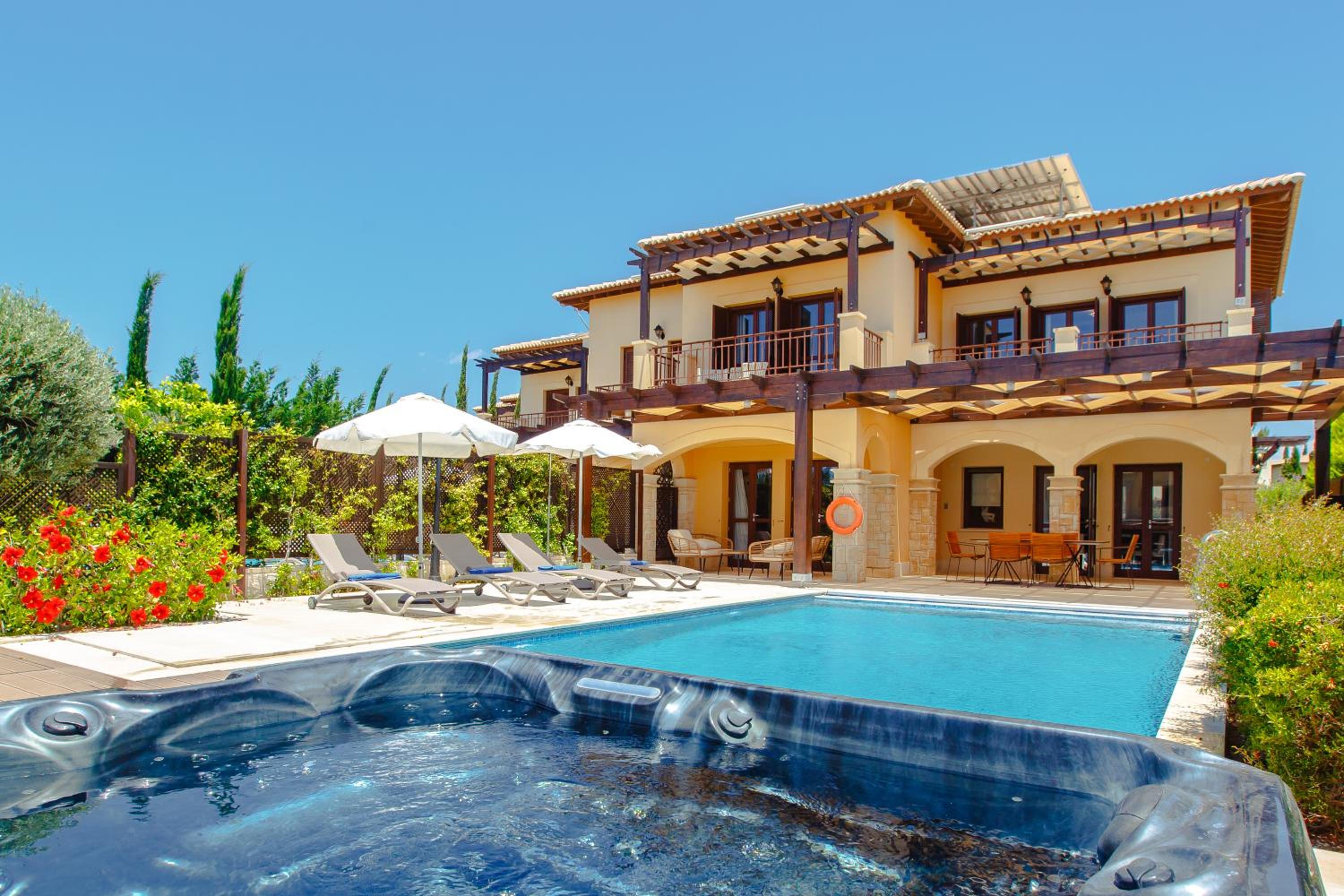 Luxury Elite Villa AJ06 complete with a private, climate controlled pool and a relaxing outdoor Jacuzzi, Aphrodite Hills Resort
