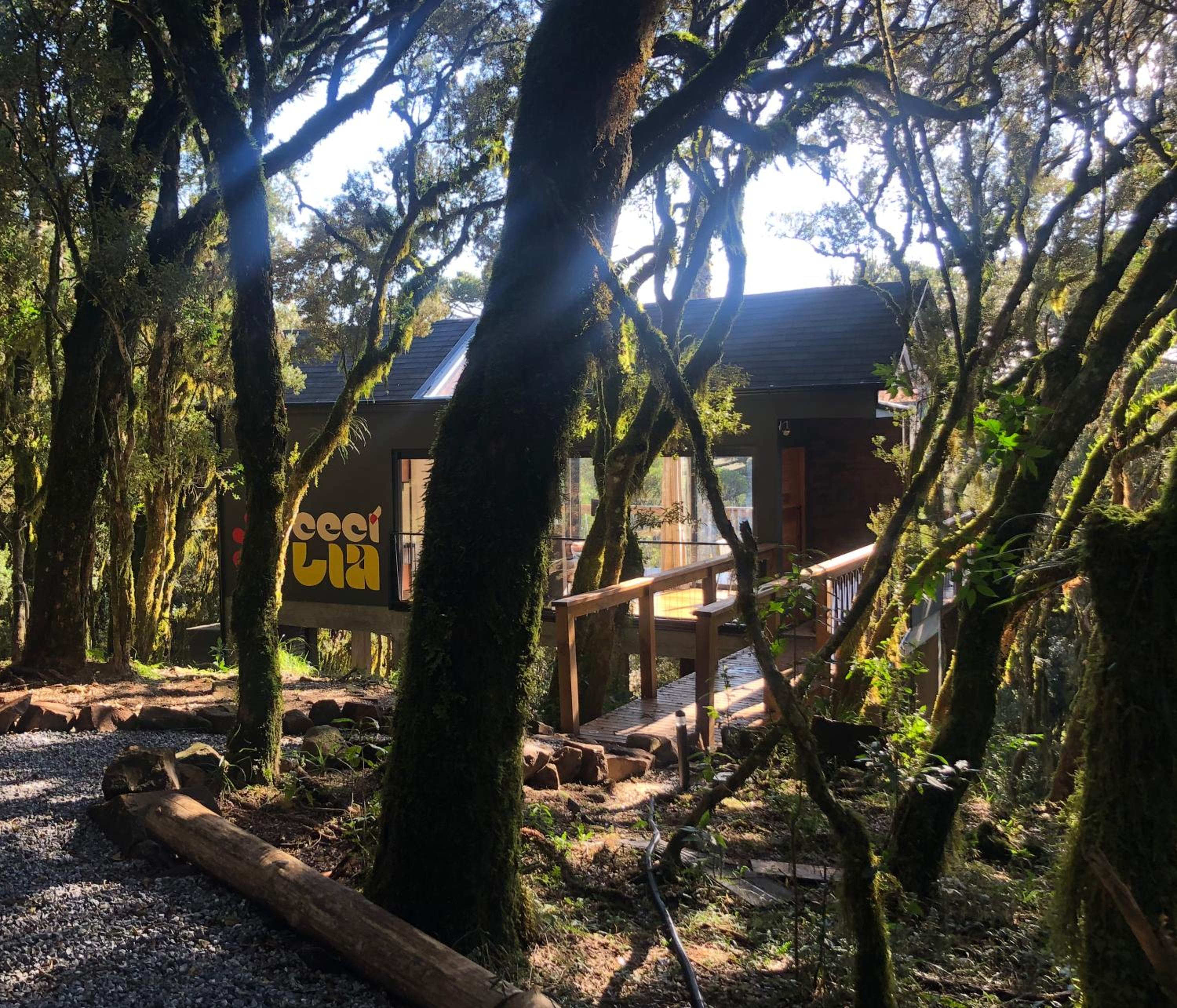 Casa na árvore com banheira de imersão e lareira