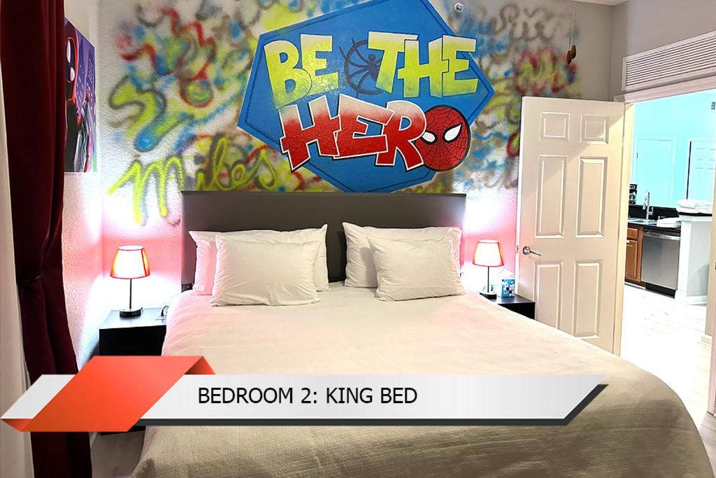Spider-Man-themed condo near Disney, Sea World, Universal and OCCC with pool, spa, restaurants, shuttle, private balcony, and view of fireworks shows