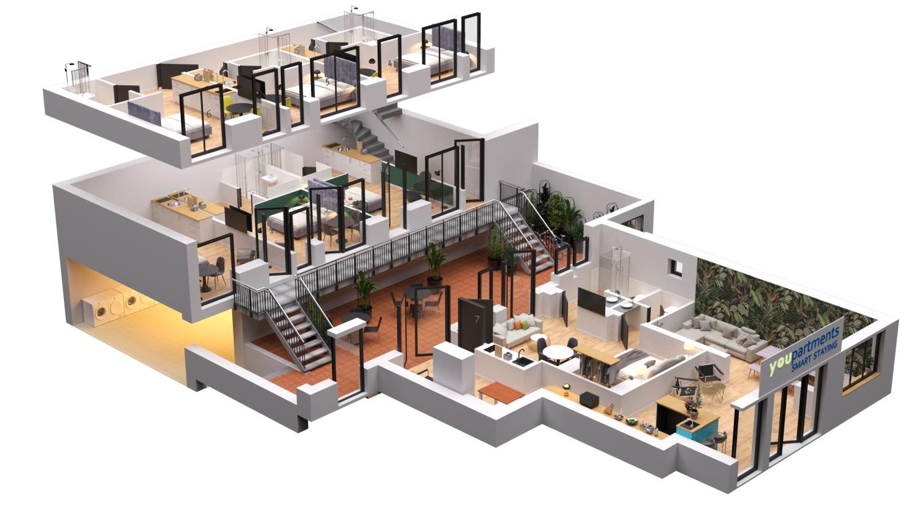 City-Studio im Innenhof mit Boxspring-Bett und Community-Raum