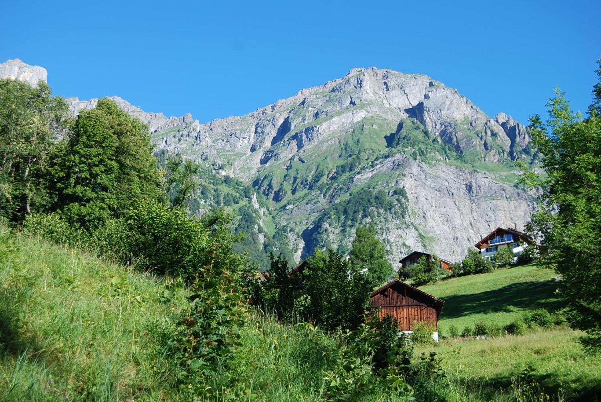 Bergbauernhaus an Wasserfall und Waldrand