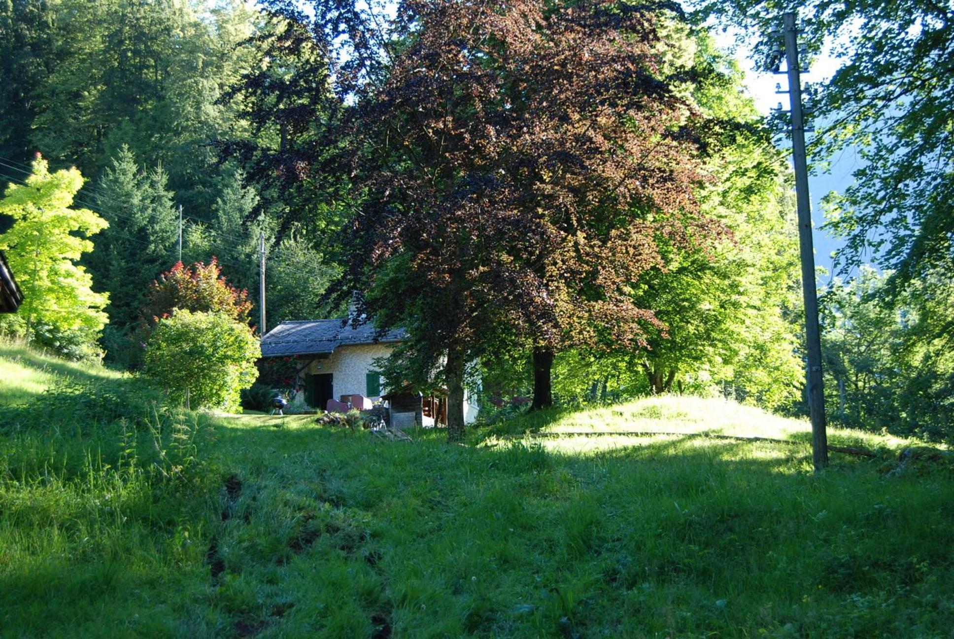 Bergbauernhaus an Wasserfall und Waldrand