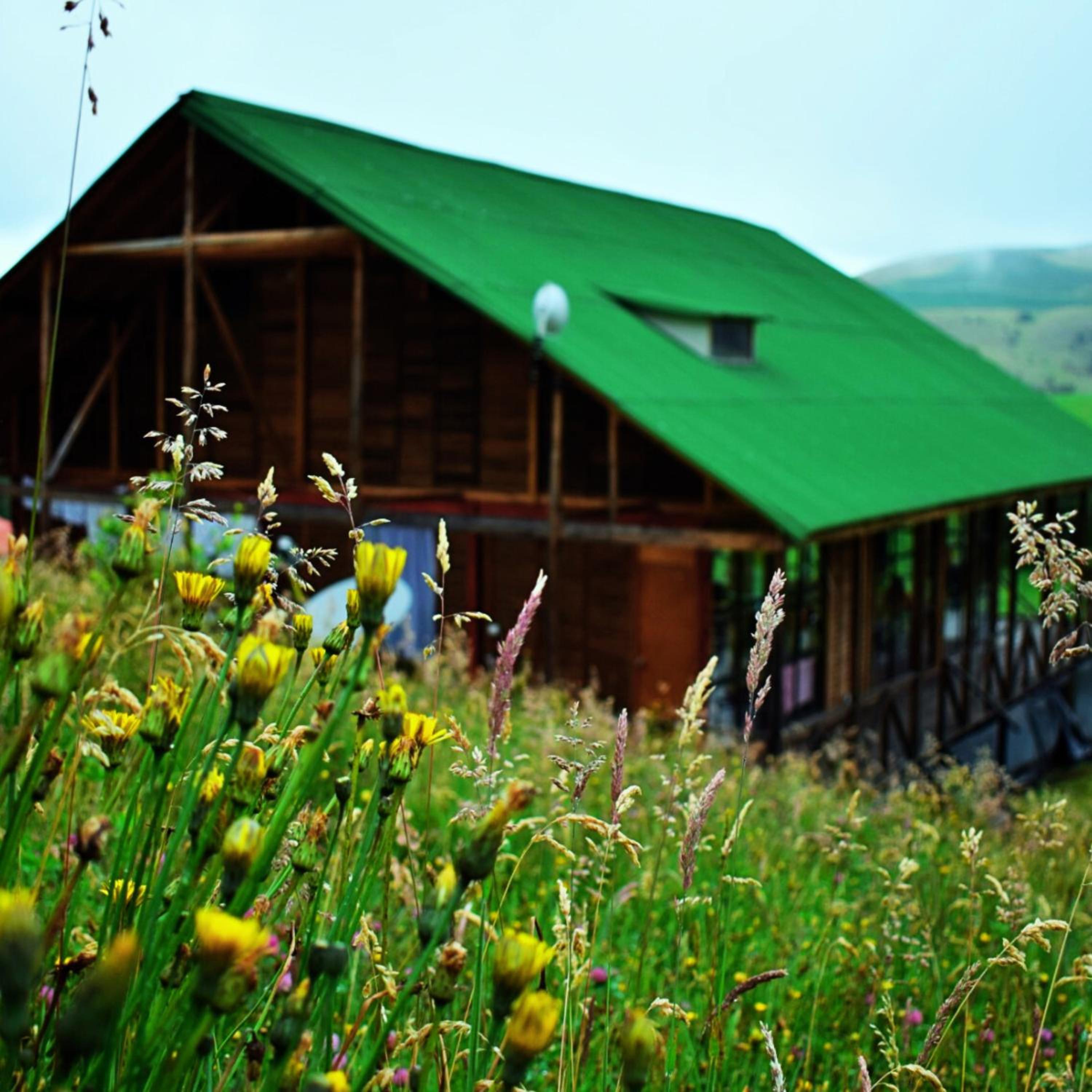 Cabaña de madera junto a las montañas