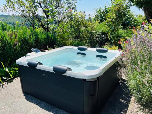 Panorama-Haus Ferienwohnung SÄNTIS - Schlafzimmer, Wohnzimmer, Küche, Bad, Sonnenterrasse mit Bergblick im Garten
