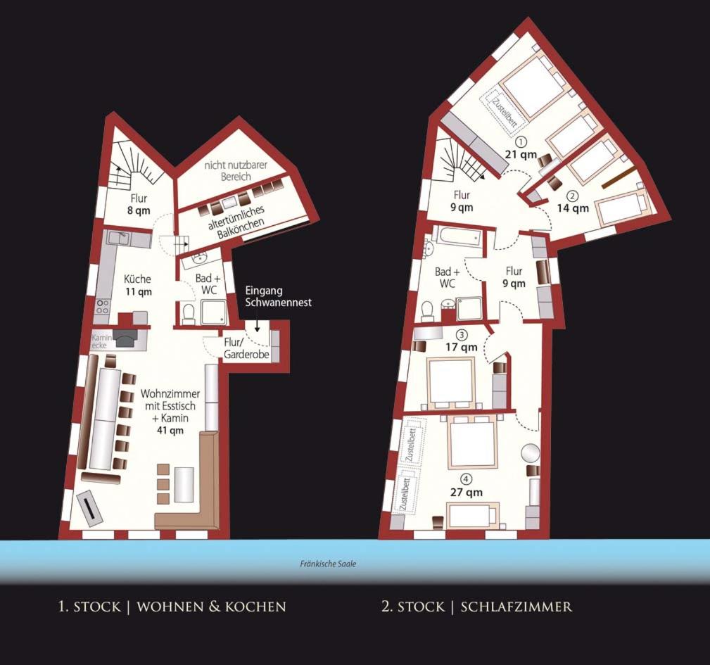 Apartment 175 qm SCHWANENNEST, in der romantischen Rödermühle an der Fränkischen Saale in Deutschlands Mitte, 8 km zur A7