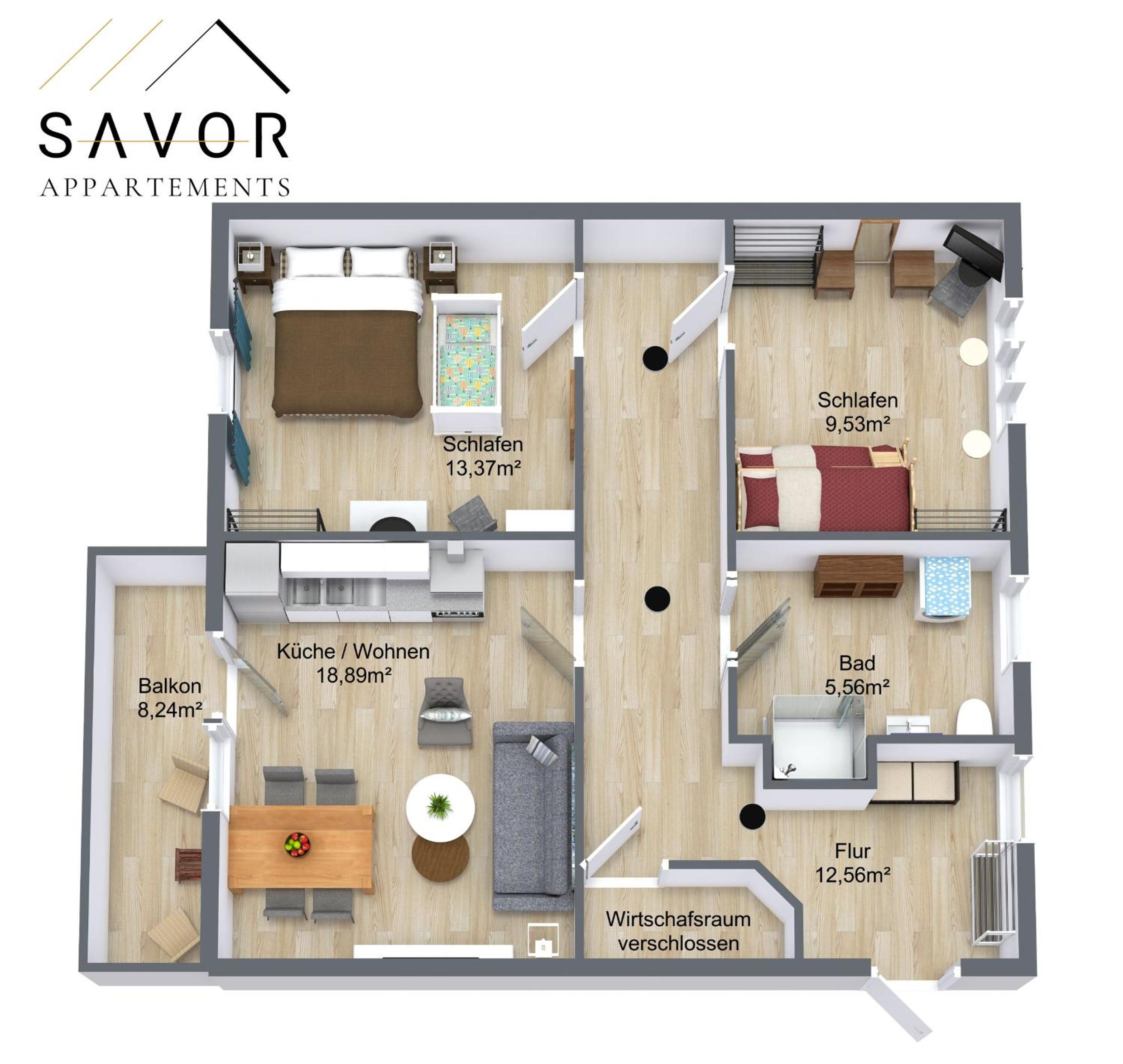 Savor Appartement 5 Personen 2 Schlafzimmer Babybett Netflix Balkon Zentrum