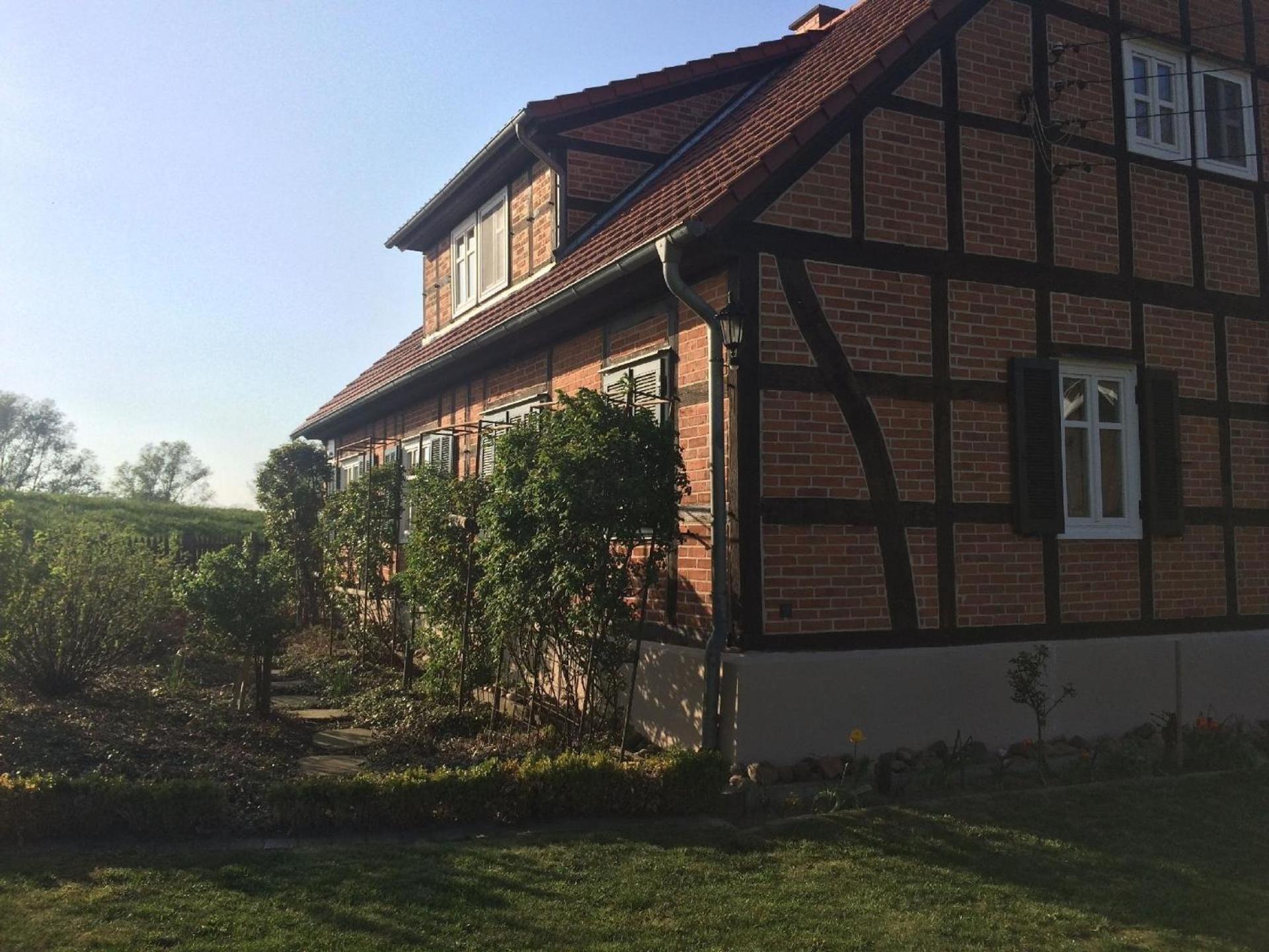 Haus Elbrose inmitten von Rosen mit Elbdeichzugang