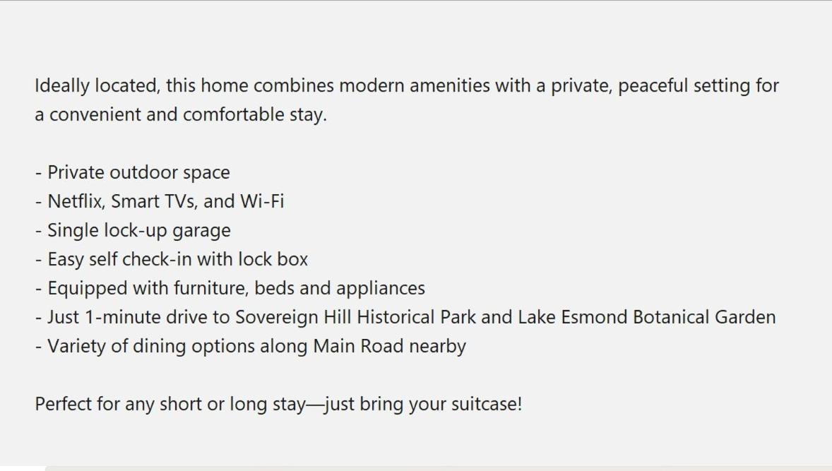 Sovereign Hill Close -private, peaceful, modern