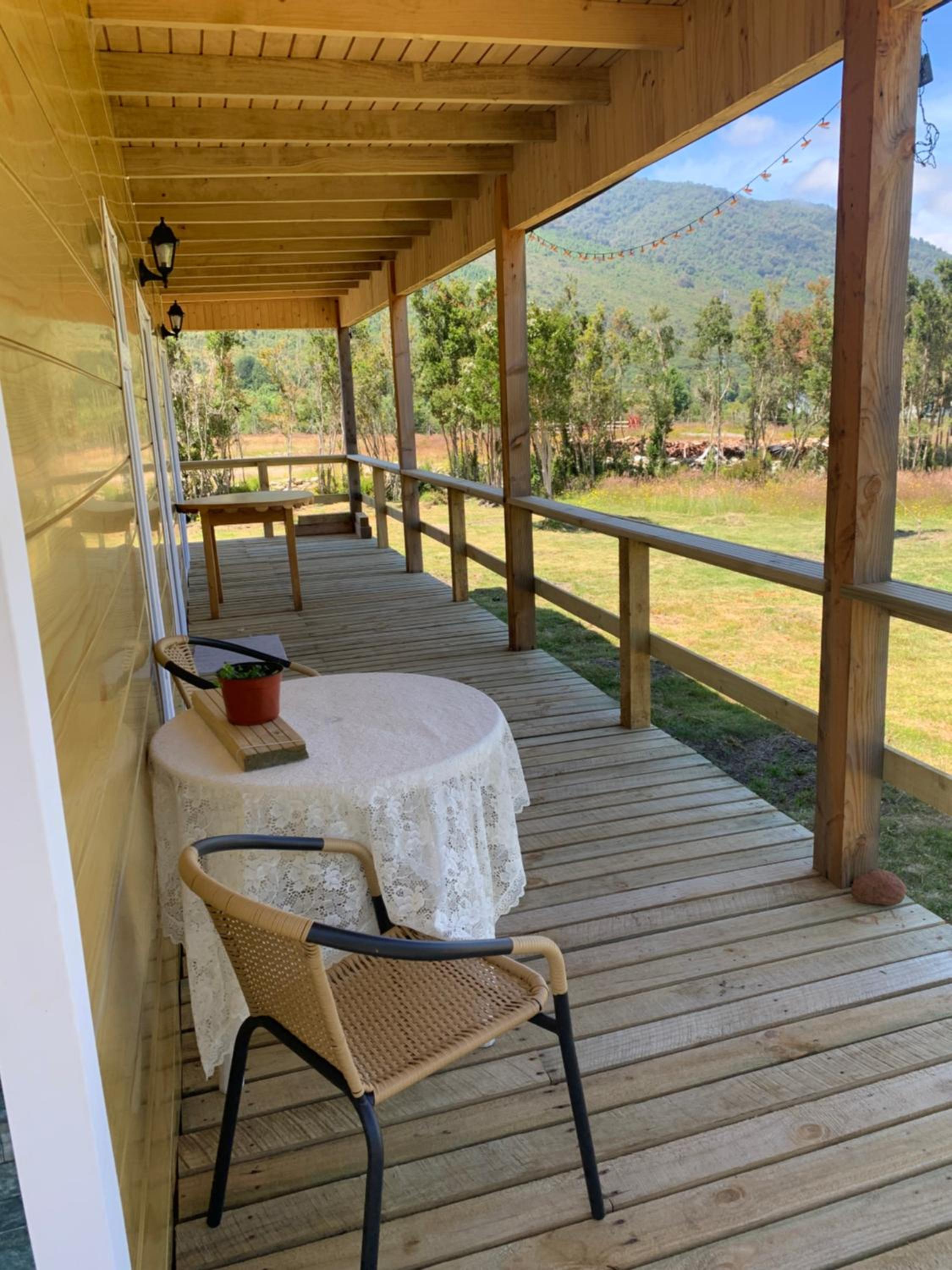 Cabaña con árboles nativos en su patio.