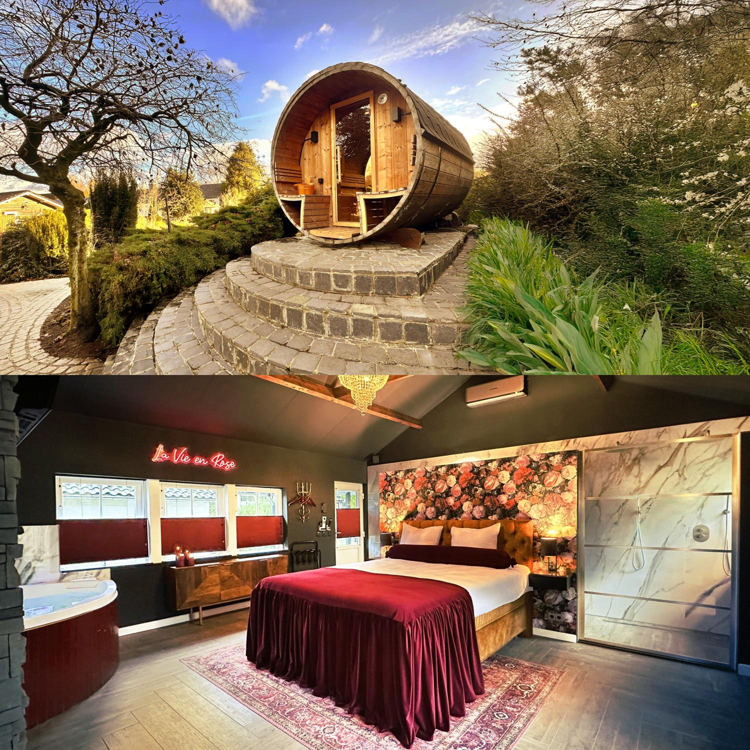 Wellness Tuin Horst Noord Limburg - Suite met Indoor Jacuzzi en Openhaard en privé Sauna - in Romantische stijl - Gratis Fles Prosecco & Leuke Partner conn