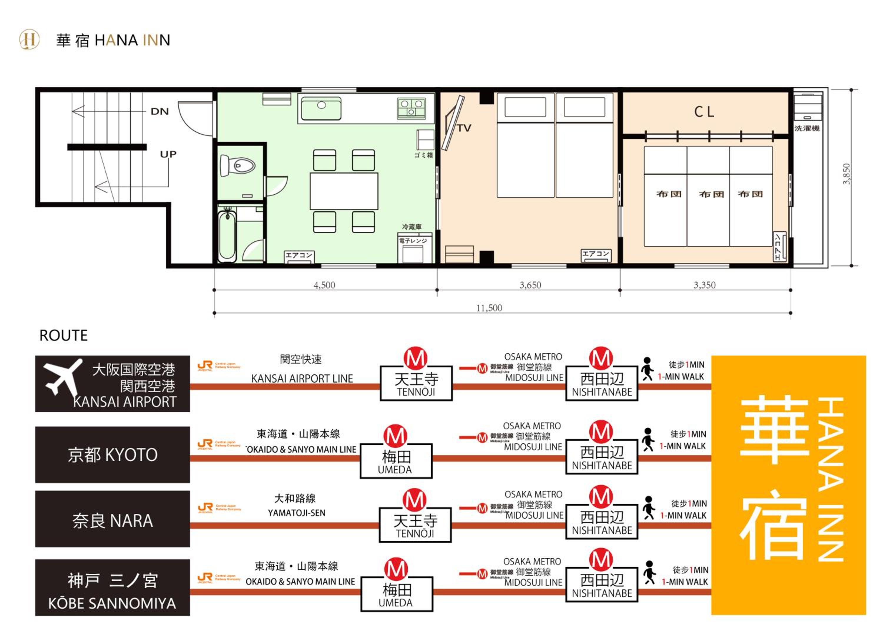 駅徒歩1分2DKで広々快適5階エレベーターなし 天王寺4分心斎橋13分HANAInn