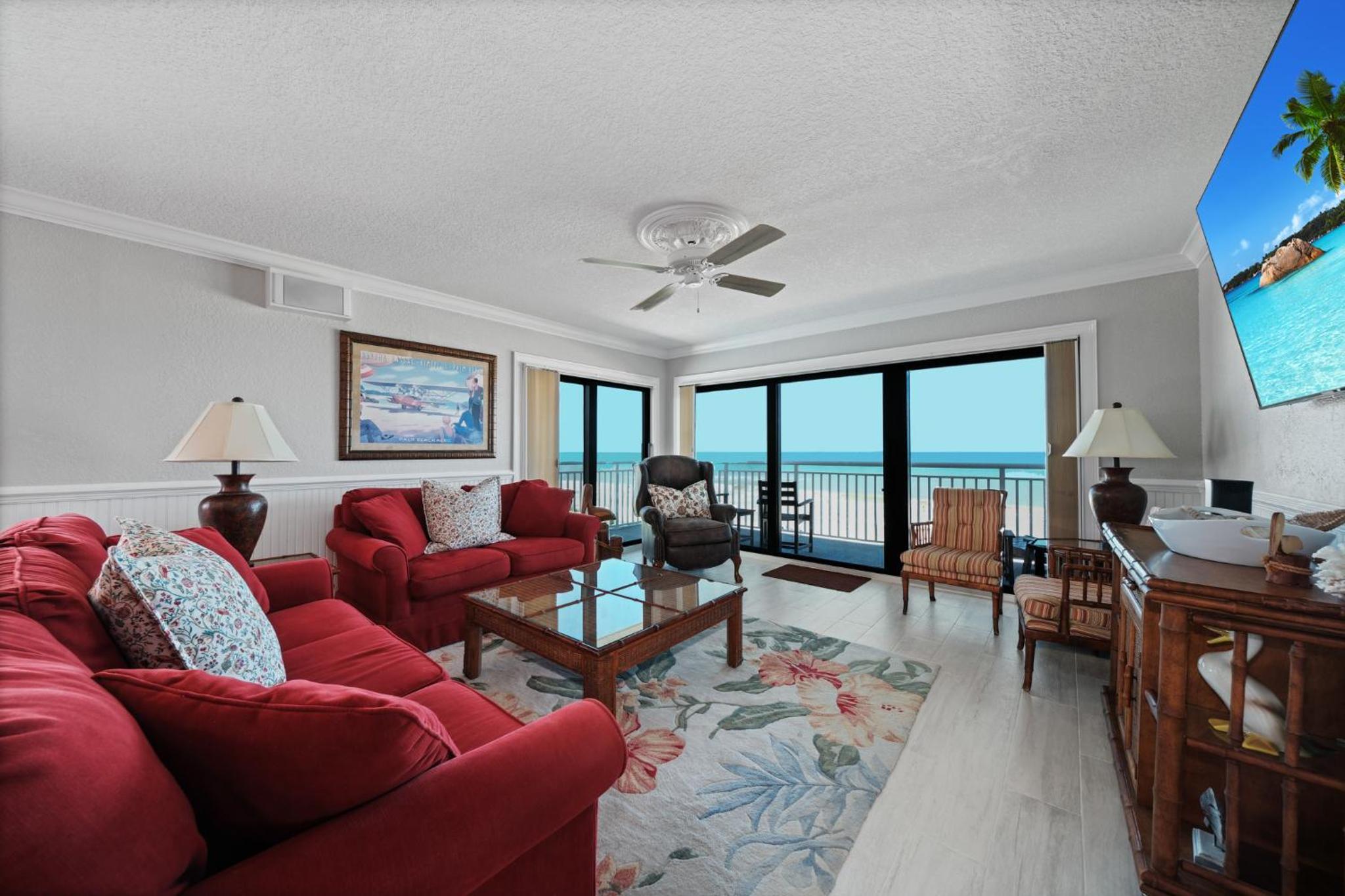 Oceanfront corner views with wrap around balcony and complex pool