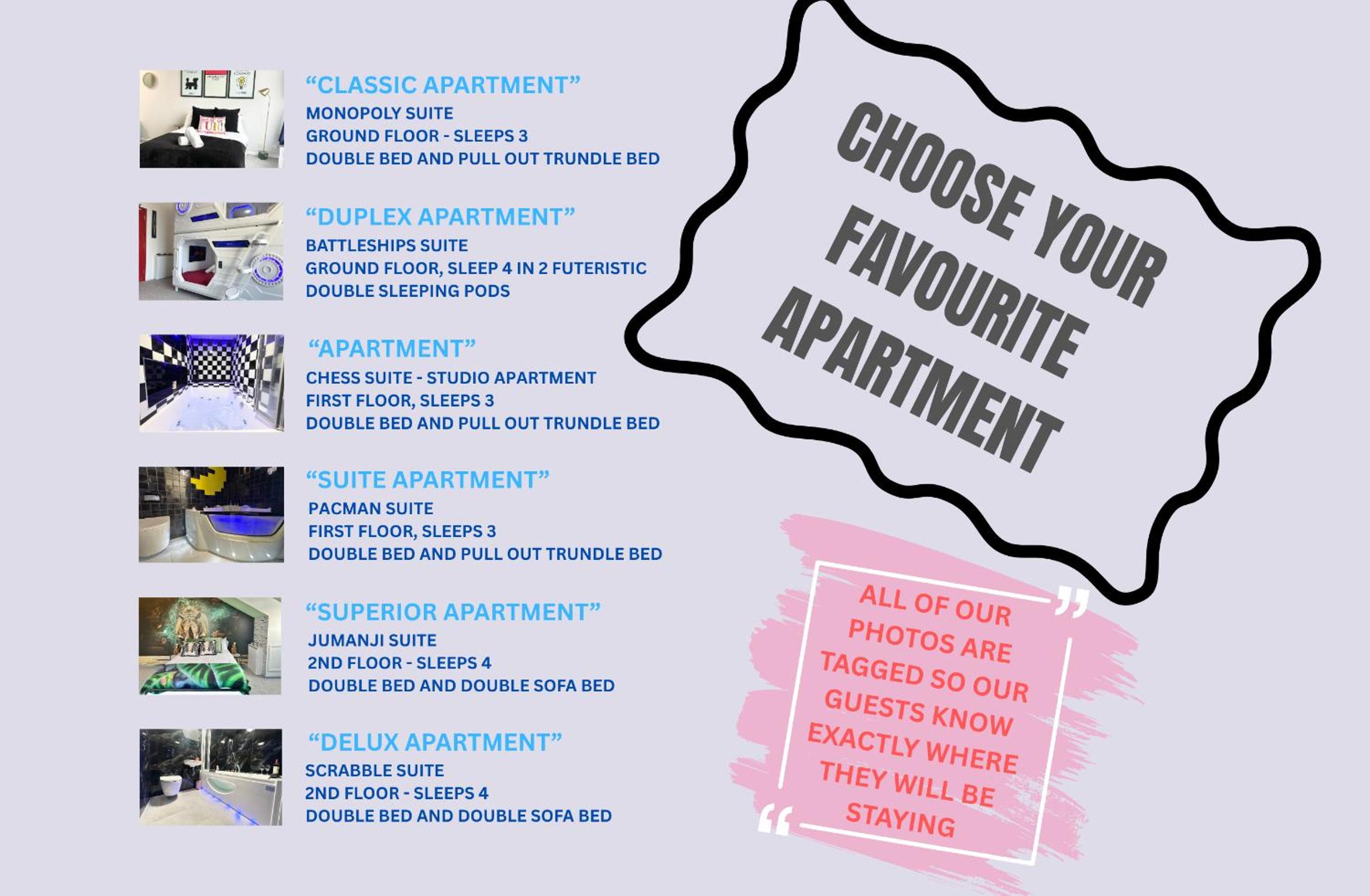 The Board Games Apartments - Brought to you by Coastline Retreats - Themed town centre apartments ALL WITH LUXURY 2 PERSON JACUZZI BATHS - 5 mins walk to t