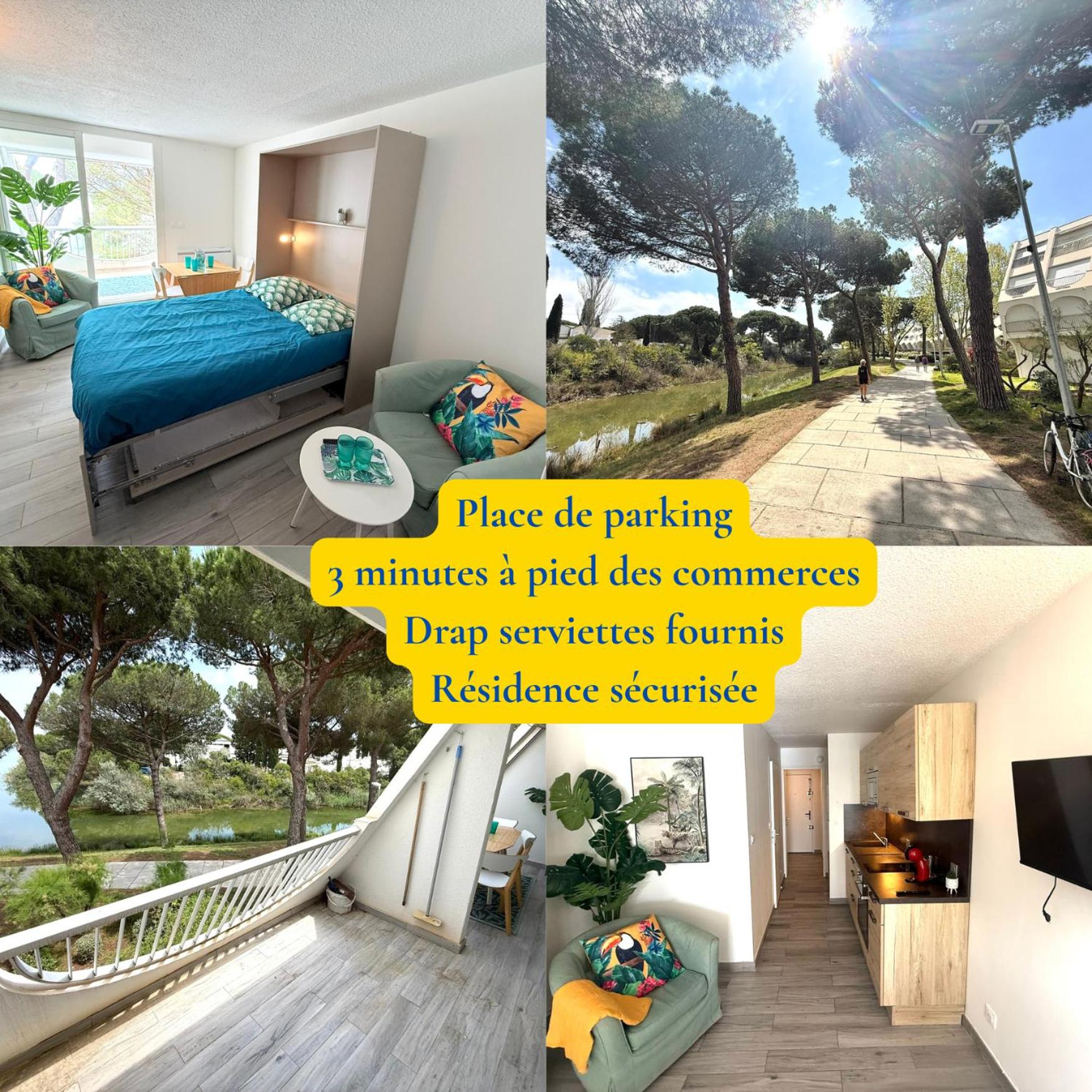 Studio 4pers La Grande Motte Ponant, Vue exceptionnelle lac, double terrasse, Parking, base nautique, golf & plage à pied, draps & serviettes fournis - 2èm