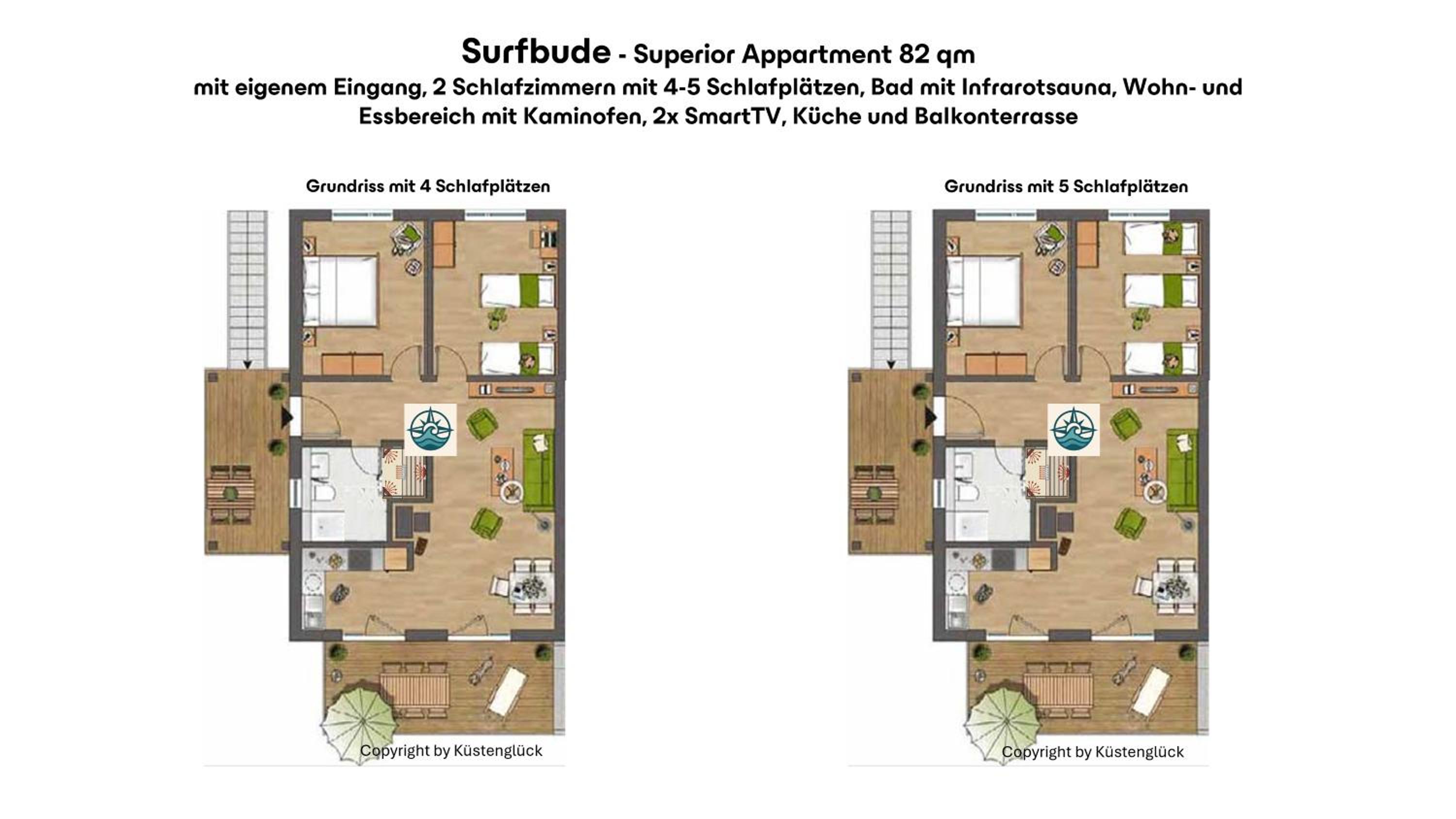 Surfbude, Olpenitz - moderne Ferienwohnung in direkter Strandnähe mit eigenem Eingang, Sauna, Kaminofen, Balkonterrasse und Parkplatz