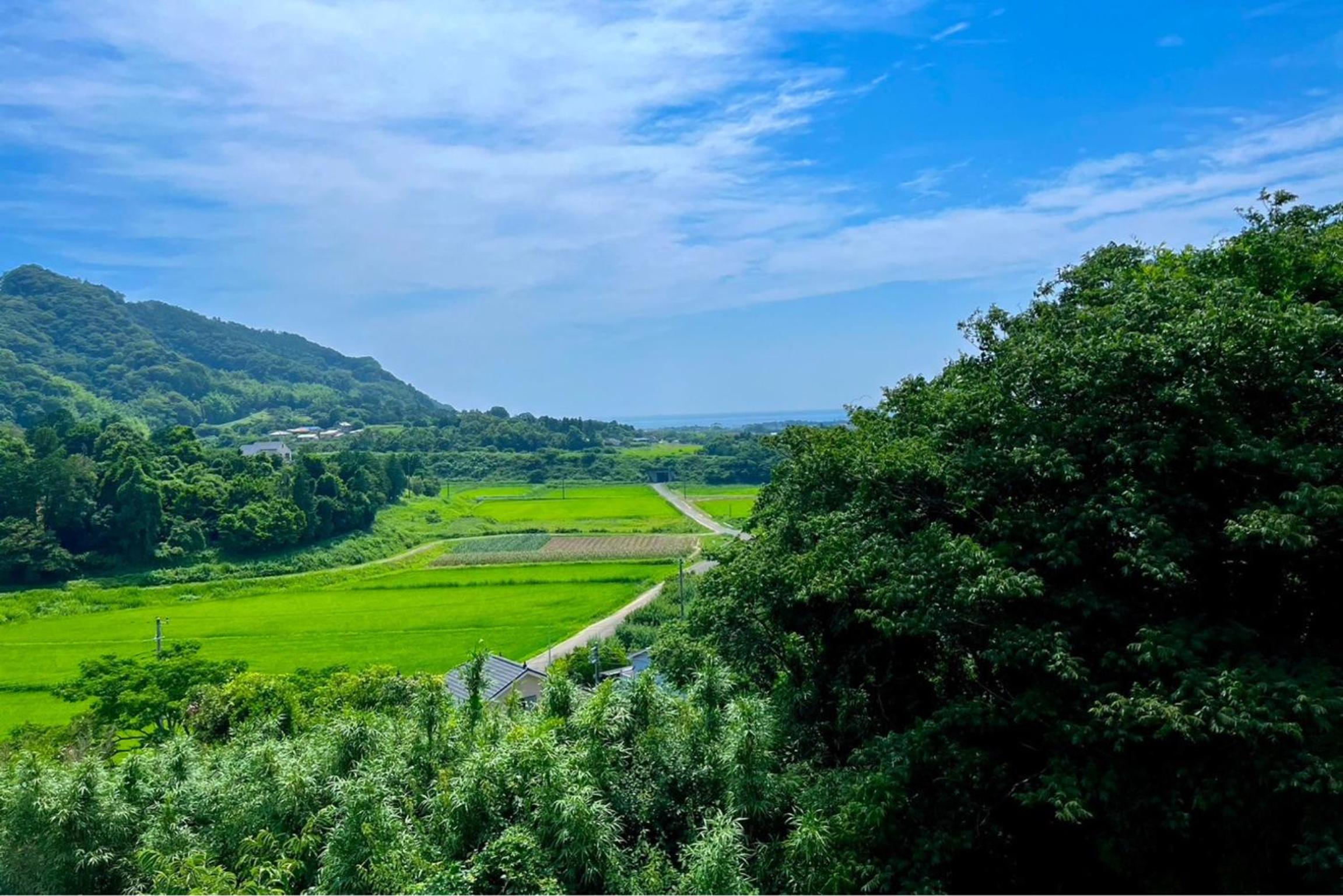 南房総の海と田園風景を眺める高台に佇む景色抜群のログハウス #一棟貸切 #グループや家族旅行におすすめ #BBQ可のお庭 #夕陽と海が綺麗に見えるテラス #星空が綺麗 #南房総 #osora