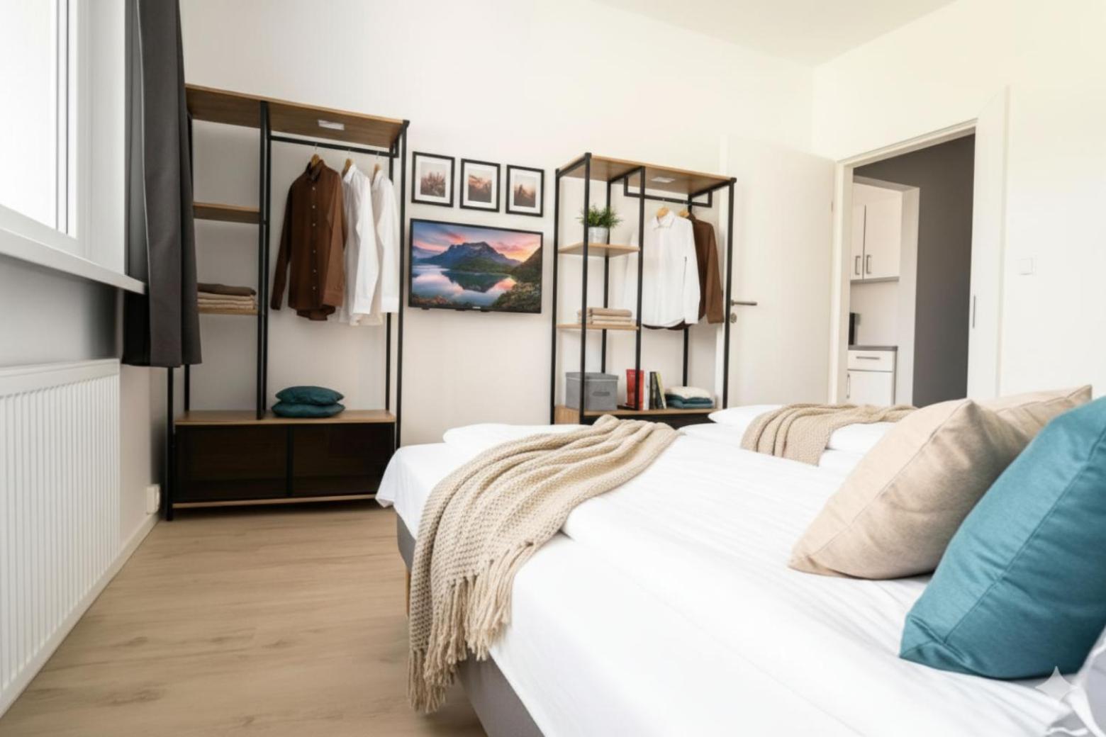 Modernes 2-Raum Apartment für 4 Personen mit Boxspringbetten, vollausgestatteter Küche und Balkon