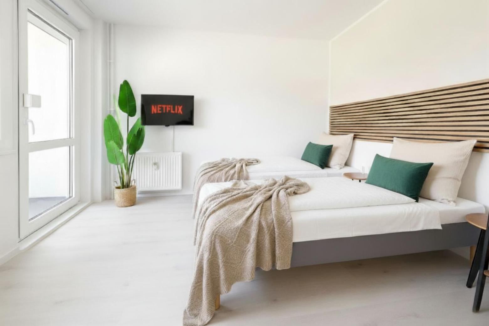 Modernes 2-Raum Apartment für 4 Personen mit Boxspringbetten, vollausgestatteter Küche und Balkon