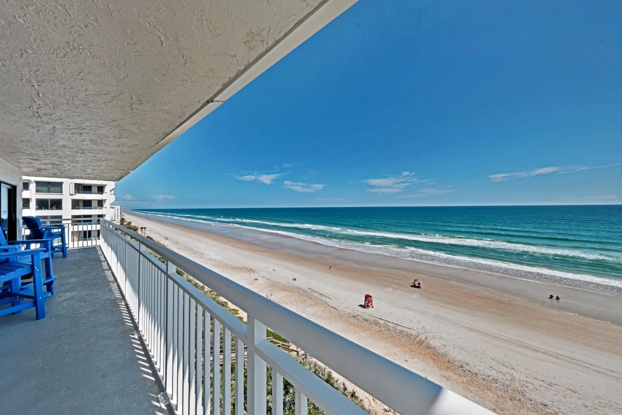 Direct oceanfront corner penthouse with huge wrap-around balcony offering beach and pool views