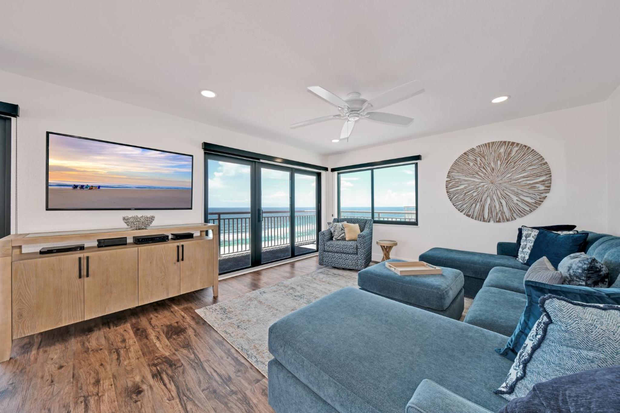 Direct oceanfront corner penthouse with huge wrap-around balcony offering beach and pool views