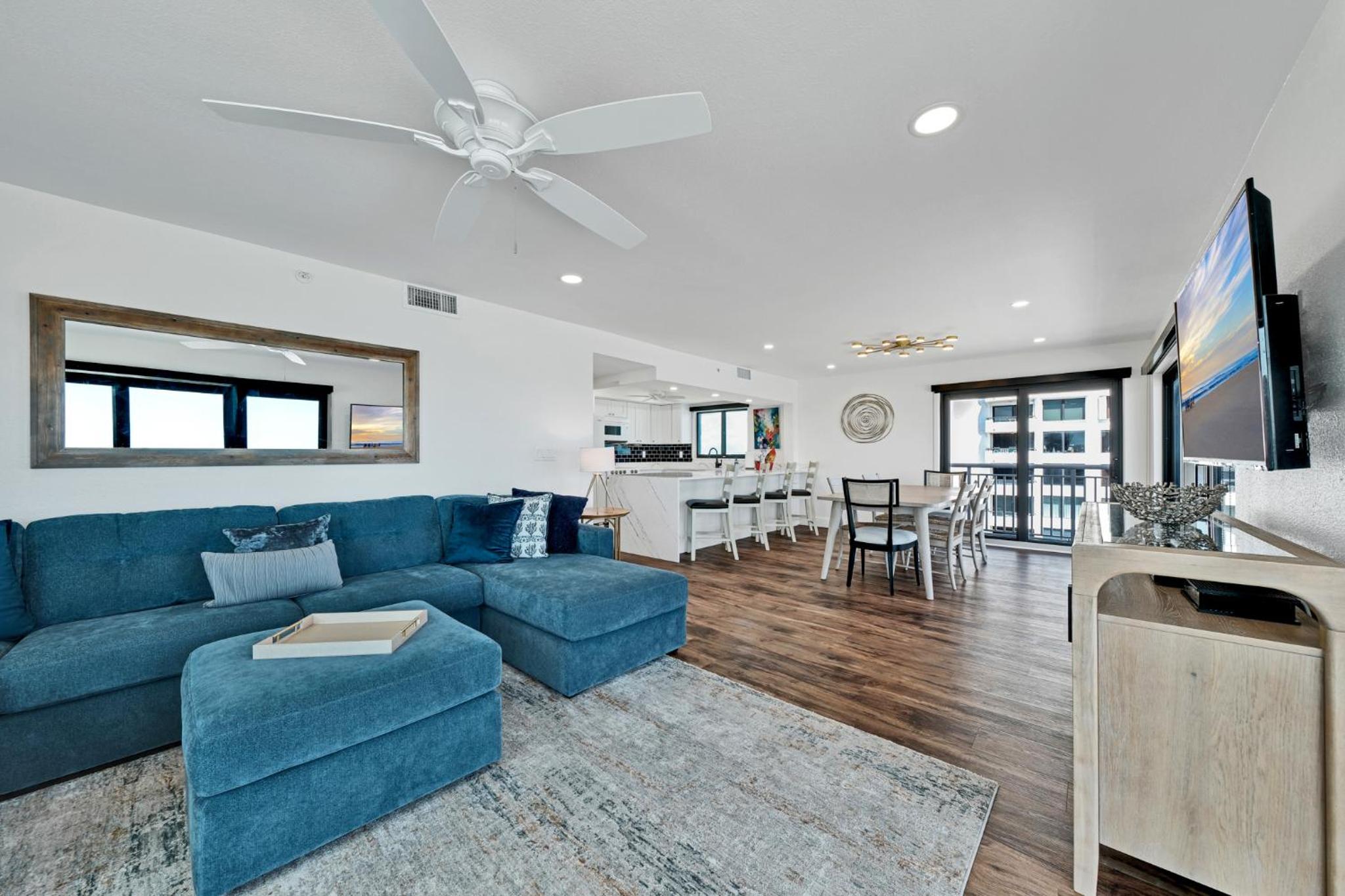 Direct oceanfront corner penthouse with huge wrap-around balcony offering beach and pool views