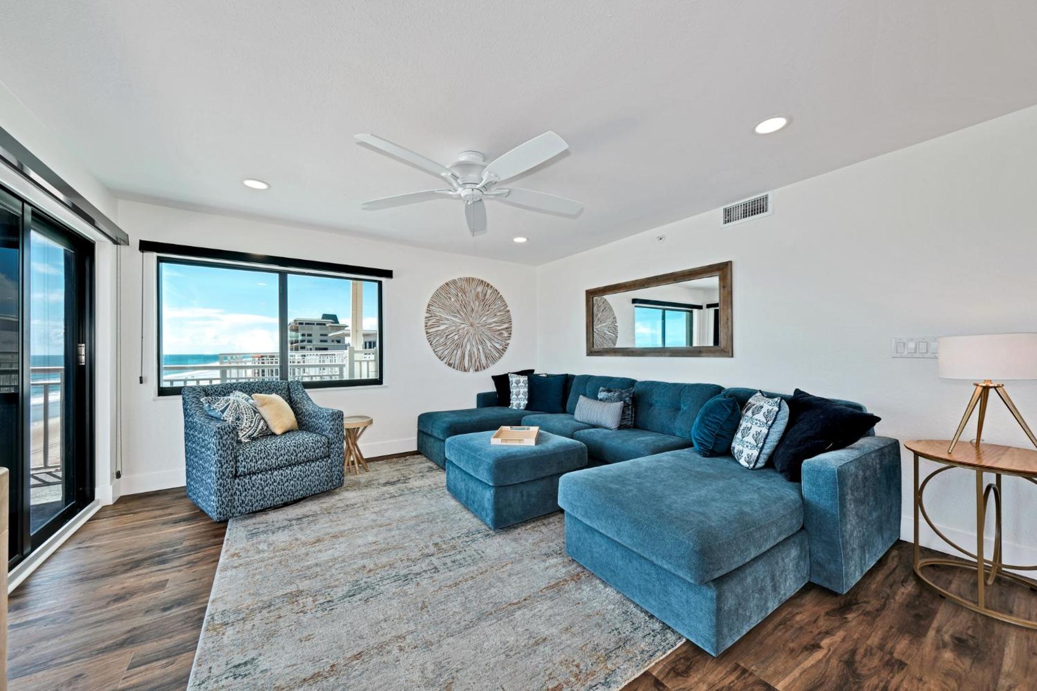 Direct oceanfront corner penthouse with huge wrap-around balcony offering beach and pool views