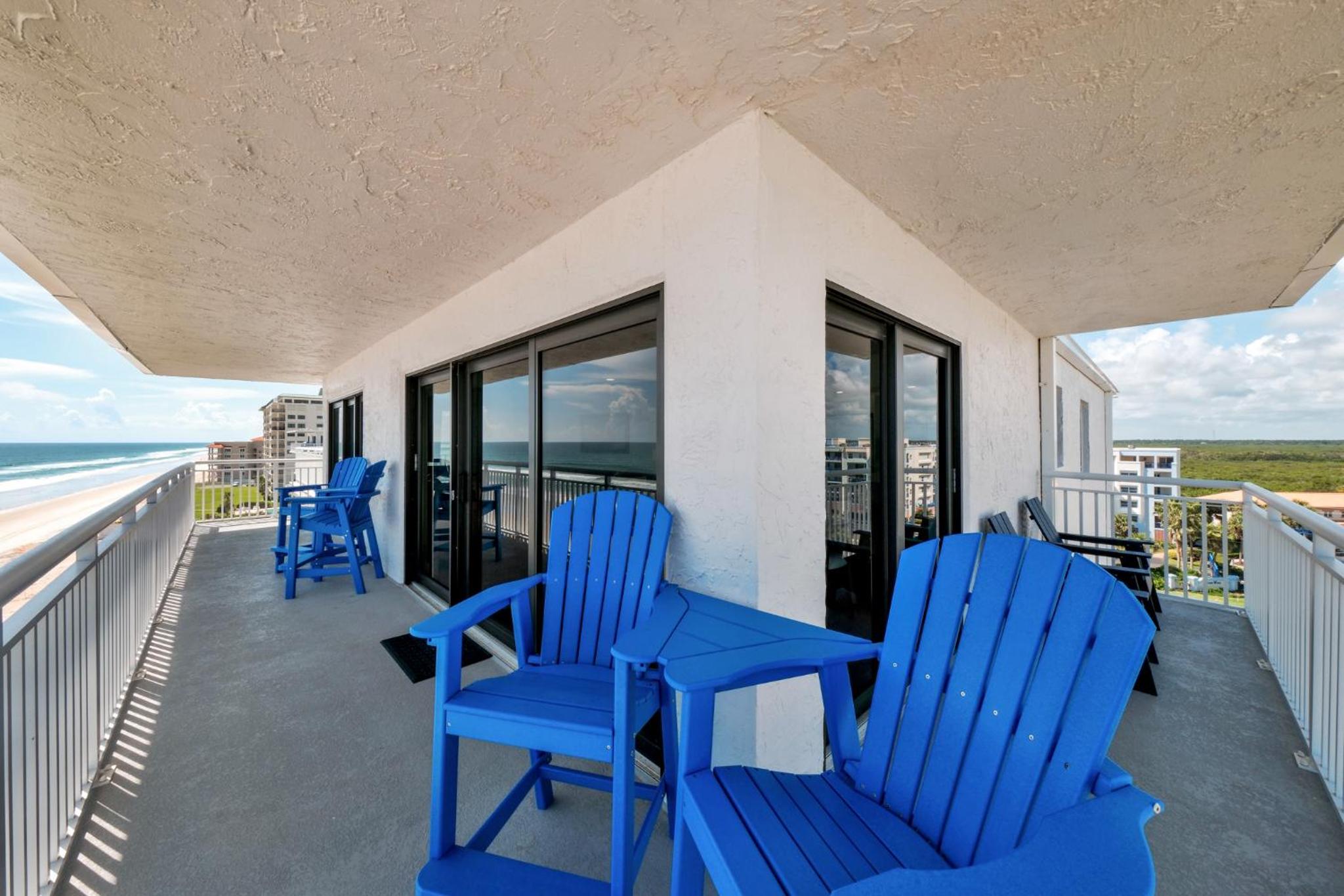 Direct oceanfront corner penthouse with huge wrap-around balcony offering beach and pool views